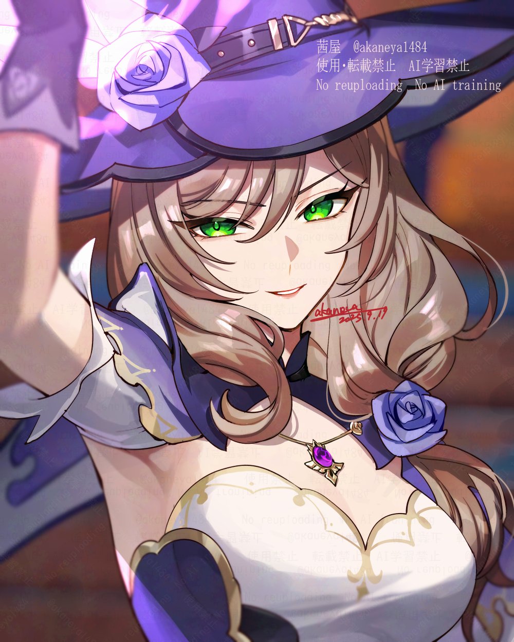 ojo aa, lisa (genshin impact), genshin impact, commentary request, highres, 1girl, arm up, armpits, artist name, black gloves, breasts, brown hair, capelet, cleavage, dated, eyelashes, flower, gloves, green eyes, hair between eyes, hair flower, hair ornament, hair over shoulder, hat, hat flower, large breasts, long hair, looking at viewer, low-tied long hair, parted lips, purple capelet, purple flower, purple hat, purple rose, rose, signature, smile, solo, twitter username, upper body, v-shaped eyebrows, vision (genshin impact), watermark, witch hat