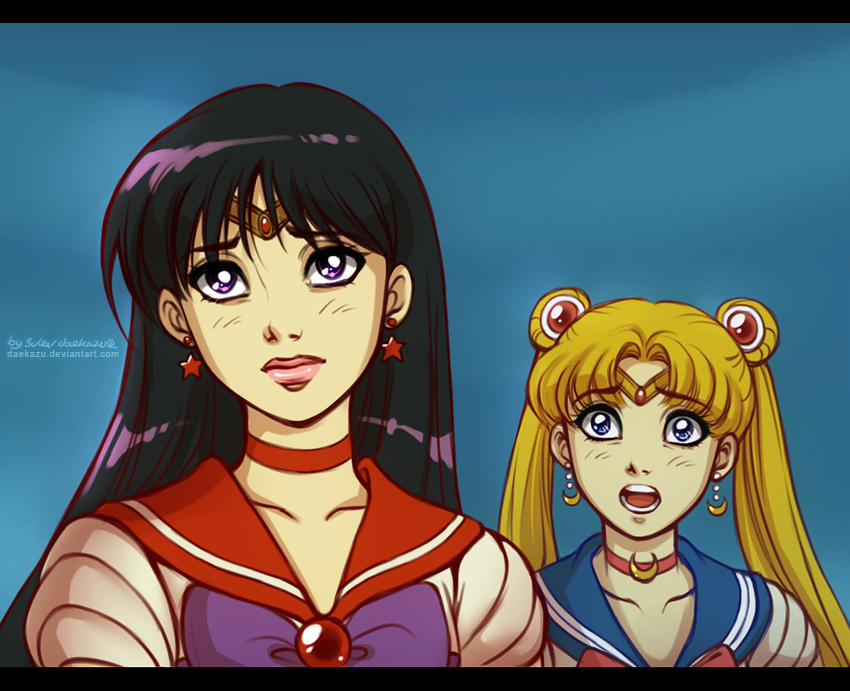daekazu, hino rei, sailor mars, sailor moon, tsukino usagi, bishoujo senshi sailor moon, non-web source, 2girls, aqua background, black hair, blonde hair, blue background, blue eyes, blue sailor collar, bow, brooch, choker, closed mouth, collarbone, double bun, earrings, eyebrows hidden by hair, eyes visible through hair, hair bun, hair ornament, head tilt, jewelry, lips, lipstick, long hair, looking at another, looking up, magical girl, makeup, multiple girls, neck, necklace, open mouth, parted bangs, pink lips, purple bow, purple eyes, red bow, red choker, red sailor collar, round teeth, sad, sailor collar, sailor senshi uniform, straight hair, teeth, tiara, twintails, upper body