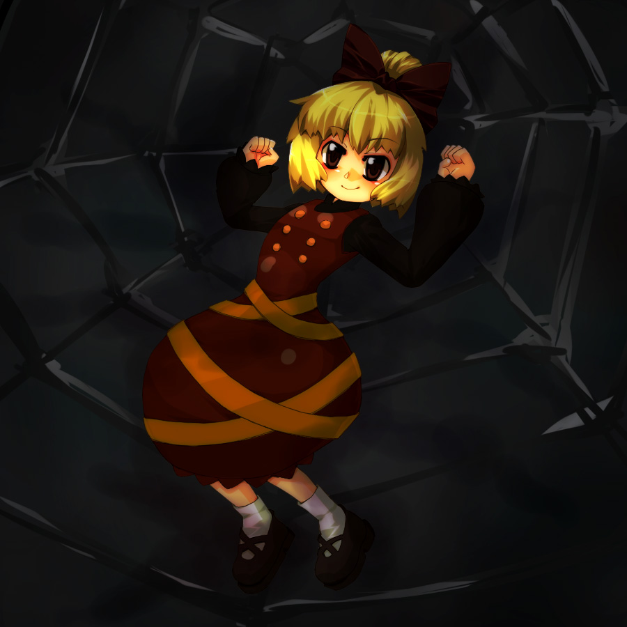 tsumamigui (artist), kurodani yamame, touhou, bad id, bad pixiv id, 1girl, blonde hair, bow, brown eyes, dark, female focus, hair bow, hair ribbon, ribbon, shoes, silk, socks, solo, spider web