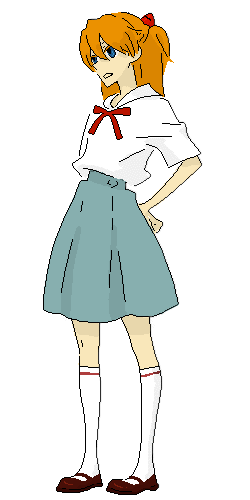 gen (susono01), souryuu asuka langley, neon genesis evangelion, lowres, 1girl, alternate costume, blue eyes, female focus, full body, hand on own hip, hip focus, kneehighs, long hair, oekaki, orange hair, red hair, school uniform, simple background, skirt, socks, solo