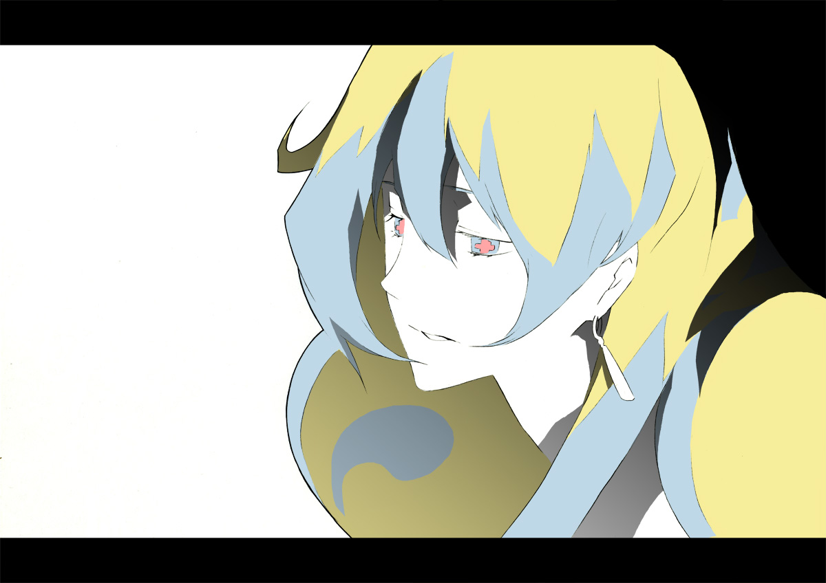 nanao (mahaya), antispiral nia, nia teppelin, tengen toppa gurren lagann, bad id, bad pixiv id, 00s, earrings, jewelry, letterboxed, multicolored hair, sad, shadow, solo