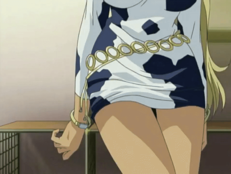 wakabayashi mayumi, hana no joshi ana: newscaster etsuko, animated, animated gif, tagme, 00s, 2004, animal print, belt, blonde hair, bracelet, breasts, closed eyes, cow print, cow print dress, dark, dark-skinned female, dark skin, earrings, eyelashes, eyeshadow, ganguro, gyaru, hoop earrings, jewelry, large breasts, lipstick, long hair, makeup, nail polish, necklace, open mouth, tan, tanned body