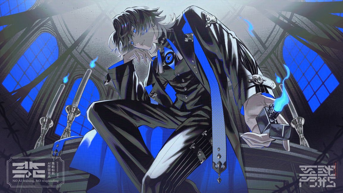 kura1582, original, commentary request, official art, 1boy, black coat, black hair, black pants, blue coat, blue eyes, blue fire, boss (vocaloid), buttons, candle, candlestand, closed mouth, coat, elbow on knee, fire, from below, gradient hair, hand on own cheek, hand on own face, high collar, holding, holding lighter, indoors, jewelry, lapels, lighter, long sleeves, looking at viewer, looking down, male focus, medium hair, multicolored hair, nose, notched lapels, on table, open clothes, open coat, pants, ring, sidelocks, sitting, solo, spot color, table, tassel, twitter username, two-sided coat, two-sided fabric, watermark, white hair, wide sleeves, window, wolf cut, zippo lighter