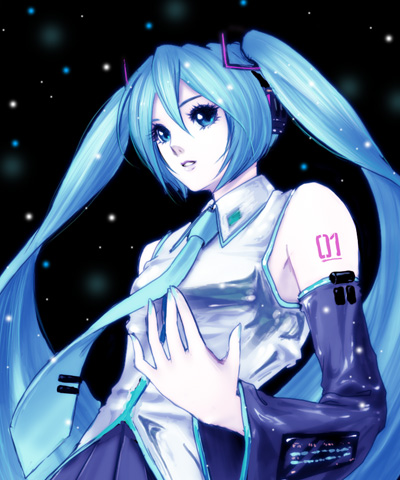 kunishige keiichi, hatsune miku, vocaloid, lowres, aqua eyes, aqua hair, bare shoulders, detached sleeves, necktie, solo, star (symbol), twintails