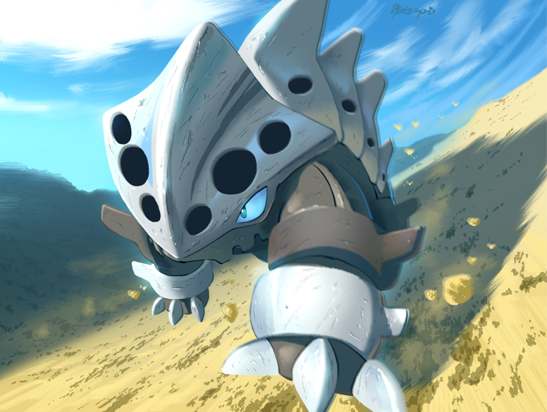illustration room nagi, lairon, nintendo, pokemon, blue sky, closed mouth, cloud, day, gen 3 pokemon, no humans, outdoors, pokemon (creature), pokemon focus, running, sky, solo