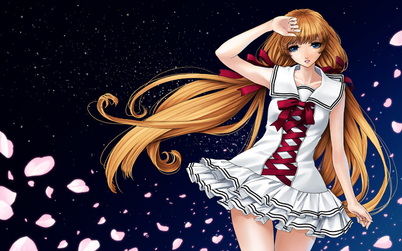kunishige keiichi, hand on forehead, 1girl, arm up, bare arms, blue eyes, cowboy shot, cross-laced clothes, dress, female focus, frilled dress, frills, hair ribbon, lips, long hair, low twintails, orange hair, parted lips, petals, red ribbon, ribbon, sailor dress, short dress, sleeveless, sleeveless dress, solo, thigh gap, twintails, very long hair, white dress, wind