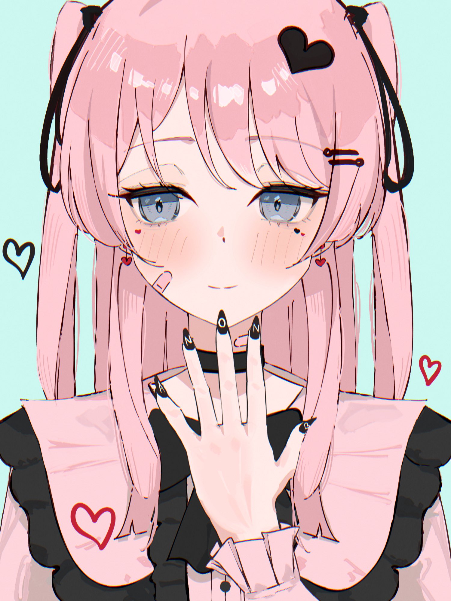 opuricheri, chihaya anon, bang dream!, bang dream! it's mygo!!!!!, commentary, highres, 1girl, bandaid, bandaid on face, black nails, blue background, blush, closed mouth, earrings, facial mark, heart, heart facial mark, jewelry, jirai kei, long hair, looking at viewer, nail polish, pink hair, pink shirt, shirt, simple background, solo, two side up, upper body