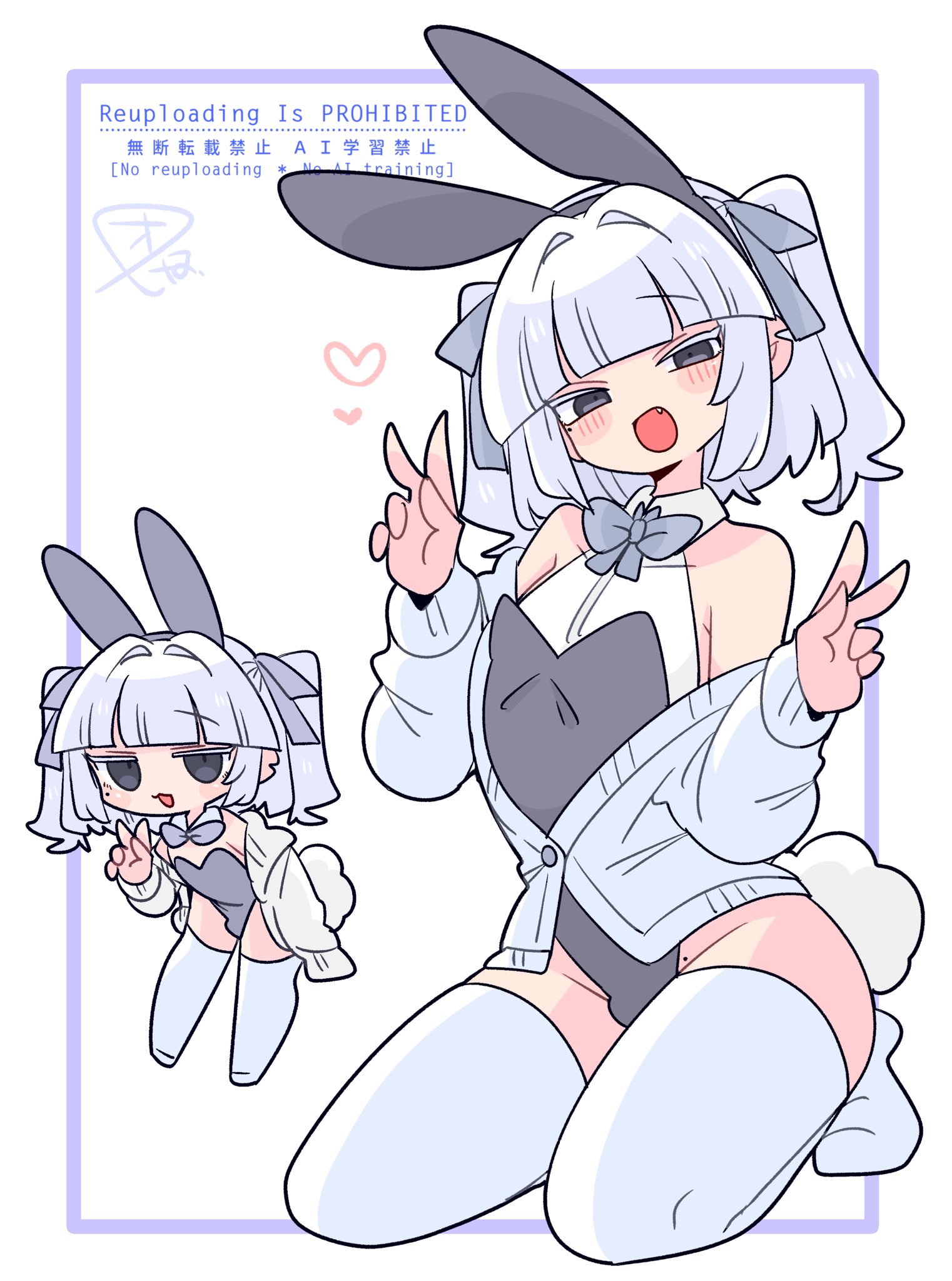 op na yarou, original, commentary, highres, 1boy, :d, animal ear hairband, animal ears, bare shoulders, black eyes, blunt bangs, blush, bow, bowtie, bulge, cardigan, chibi, collarbone, crossdressing, crossdressing (mtf), double v, fake animal ears, fake tail, fang, full body, grey bow, grey bowtie, grey hairband, grey leotard, hair bow, hair intakes, hairband, hand up, hands up, heart, highleg, highleg leotard, kneeling, leaning forward, leotard, long sleeves, looking at viewer, male focus, male playboy bunny, medium hair, multiple views, no nose, no shoes, off shoulder, open cardigan, open clothes, open mouth, playboy bunny, rabbit ear hairband, rabbit ears, rabbit tail, raised eyebrows, sidelocks, simple background, smile, standing, tail, thighhighs, thighs, trap, two side up, v, watermark, white background, white cardigan, white hair, white thighhighs