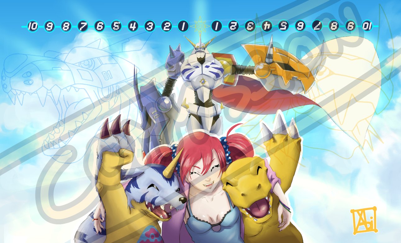 xabimaruru, agumon, gabumon, omegamon, shiramine nokia, digimon, digimon adventure, digimon card game, digimon story: cyber sleuth, commission, arm up, blue camisole, bow, breasts, camisole, cleavage, closed eyes, evolutionary line, group picture, happy, jacket, lizard, pink jacket, red bow, twintails, upper body, watermark