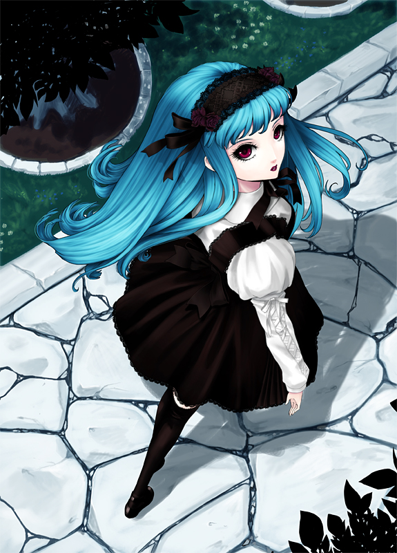 kunishige keiichi, original, 1girl, black dress, black shoes, black socks, black thighhighs, blue hair, dress, expressionless, eyelashes, female focus, from above, from behind, full body, goth fashion, gothic lolita, grass, hairband, juliet sleeves, kneehighs, lace, lipstick, lolita fashion, lolita hairband, long hair, long sleeves, looking at viewer, looking back, looking up, makeup, outdoors, pavement, puffy sleeves, red eyes, ribbon, shoes, socks, solo, standing, thighhighs