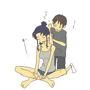 gen, ikari shinji, katsuragi misato, neon genesis evangelion, lowres, age difference, barefoot, blush, casual, closed eyes, hair bun, massage, oekaki, shorts, smile, tank top