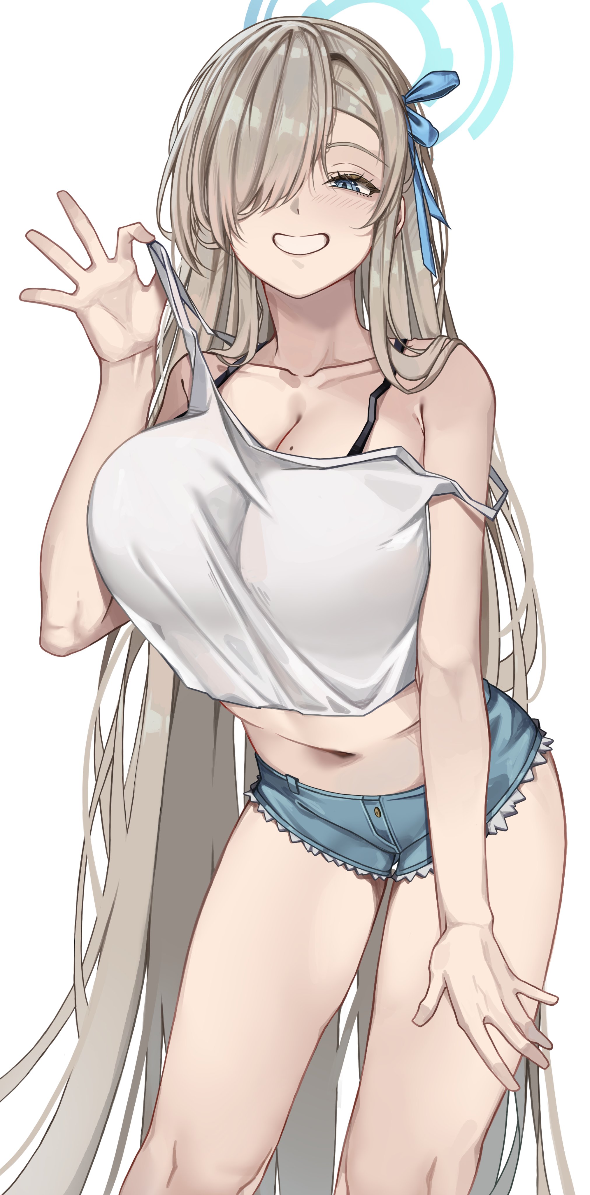 marck (marck1703), asuna (blue archive), blue archive, absurdres, commentary, highres, 1girl, bare arms, bare shoulders, blonde hair, blue eyes, blue halo, blue ribbon, breasts, capelet, cleavage, collarbone, cowboy shot, cutoffs, denim, denim shorts, grin, hair over one eye, hair ribbon, halo, large breasts, leaning forward, long hair, midriff, mole, mole on breast, navel, ribbon, short shorts, shorts, simple background, smile, solo, standing, strap lift, very long hair, white background, white capelet