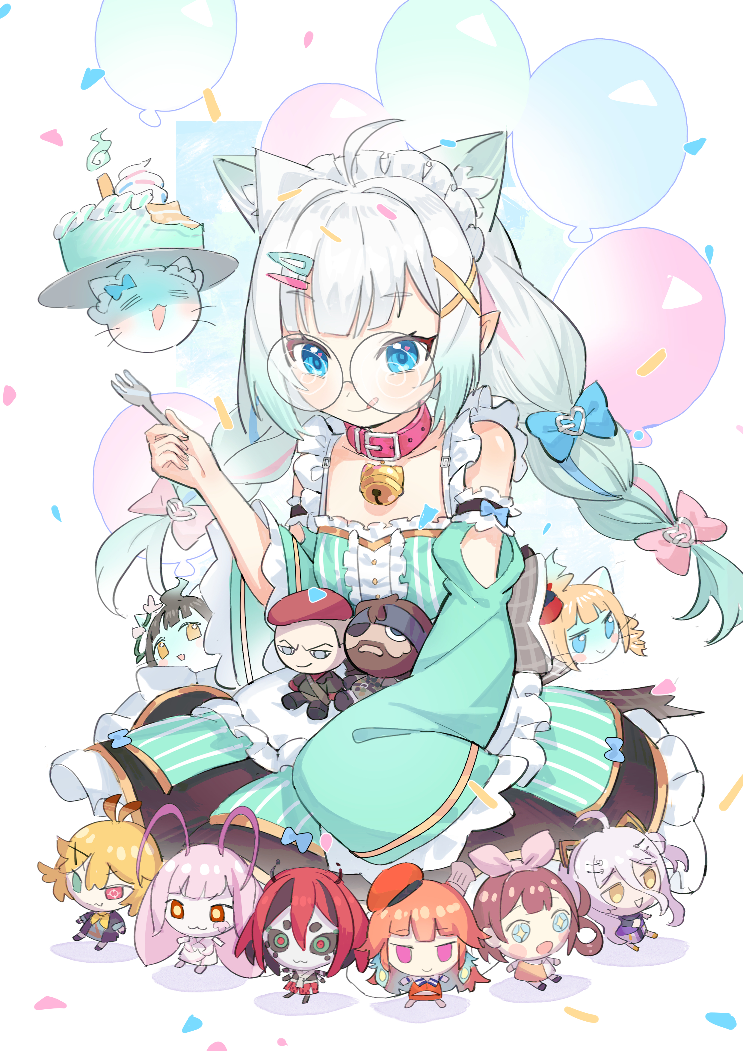maplesights, big boss, dokibird, dokibird (bounty hunter), henya the genius, henya the genius (1st costume), matara kan, mint fantome, revolver ocelot, takanashi kiara, wisps (mint fantome), hololive, hololive english, indie virtual youtuber, metal gear (series), metal gear solid 3: snake eater, metal gear solid v: the phantom pain, absurdres, character request, highres, 1girl, ahoge, animal collar, animal ears, apron, aqua apron, aqua sleeves, arm cutout, balloon, bell, beri (beribug), birthday, blue bow, blue eyes, bow, braid, cake, cat ears, cat girl, character doll, chibi, clothing cutout, coke-bottle glasses, collar, detached sleeves, doll, dress, floating, food, fork, frilled apron, frilled sleeves, frills, fumo (doll), ghost, glasses, grey hair, hair bow, hair ornament, hairclip, holding, holding fork, jingle bell, kemonomimi mode, long hair, maid, maid headdress, multicolored hair, neck bell, official alternate hairstyle, pink bow, pink collar, round eyewear, sitting, tongue, tongue out, twin braids, virtual youtuber