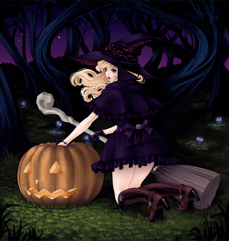 kunishige keiichi, 1girl, blonde hair, boots, broom, female focus, forest, goth fashion, halloween, hat, jack-o'-lantern, knee boots, kneeling, lipstick, makeup, nature, night, pumpkin, purple skirt, skirt, solo, witch, witch hat, yellow eyes