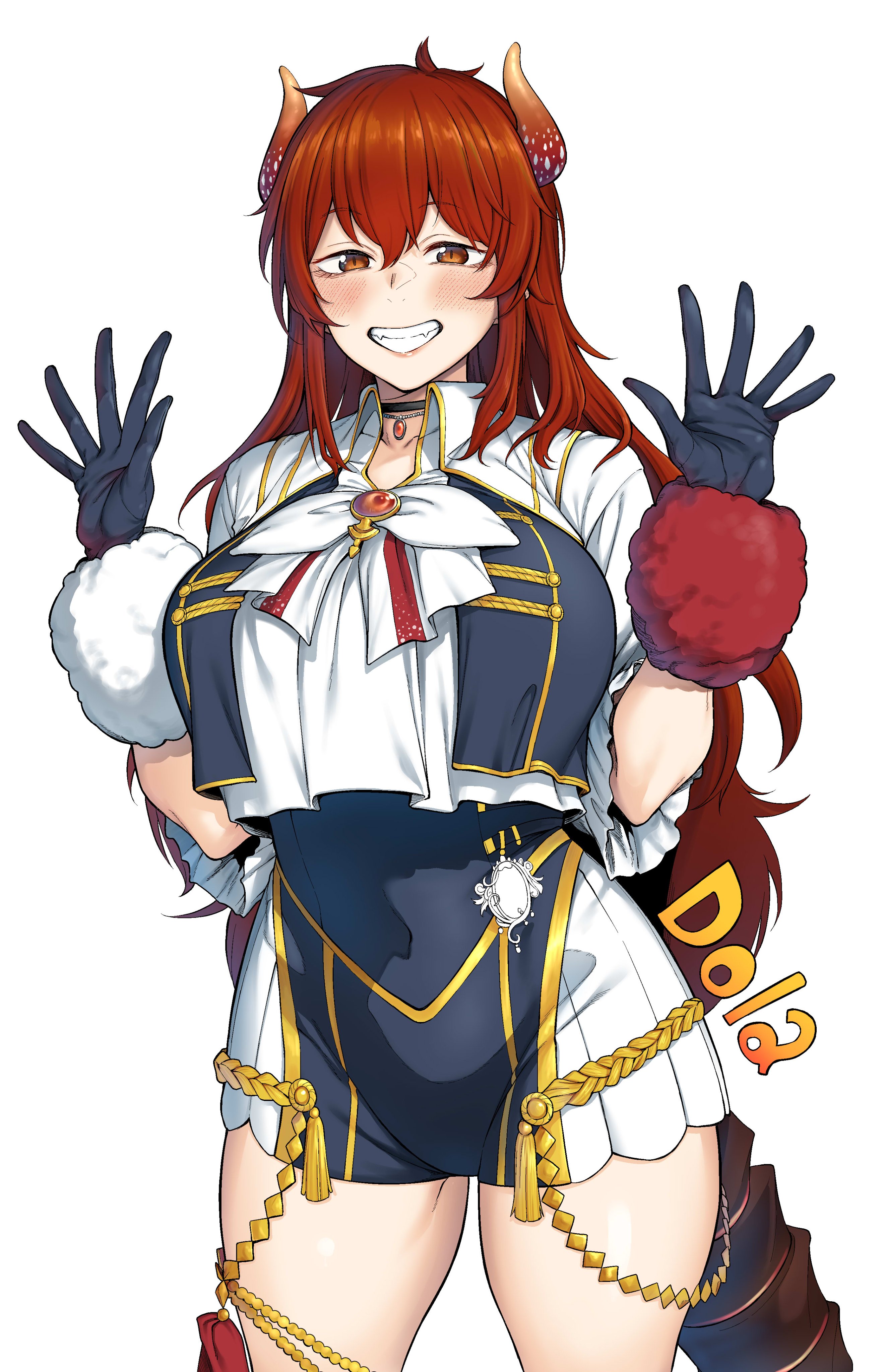 spirytus tarou, dola (nijisanji), nijisanji, absurdres, highres, 1girl, black choker, black gloves, breasts, choker, dragon girl, dragon horns, dragon tail, gloves, grin, hair between eyes, horns, idol clothes, large breasts, long hair, looking at viewer, nijisanji idol uniform, red eyes, red hair, short sleeves, smile, solo, tail, very long hair, virtual youtuber