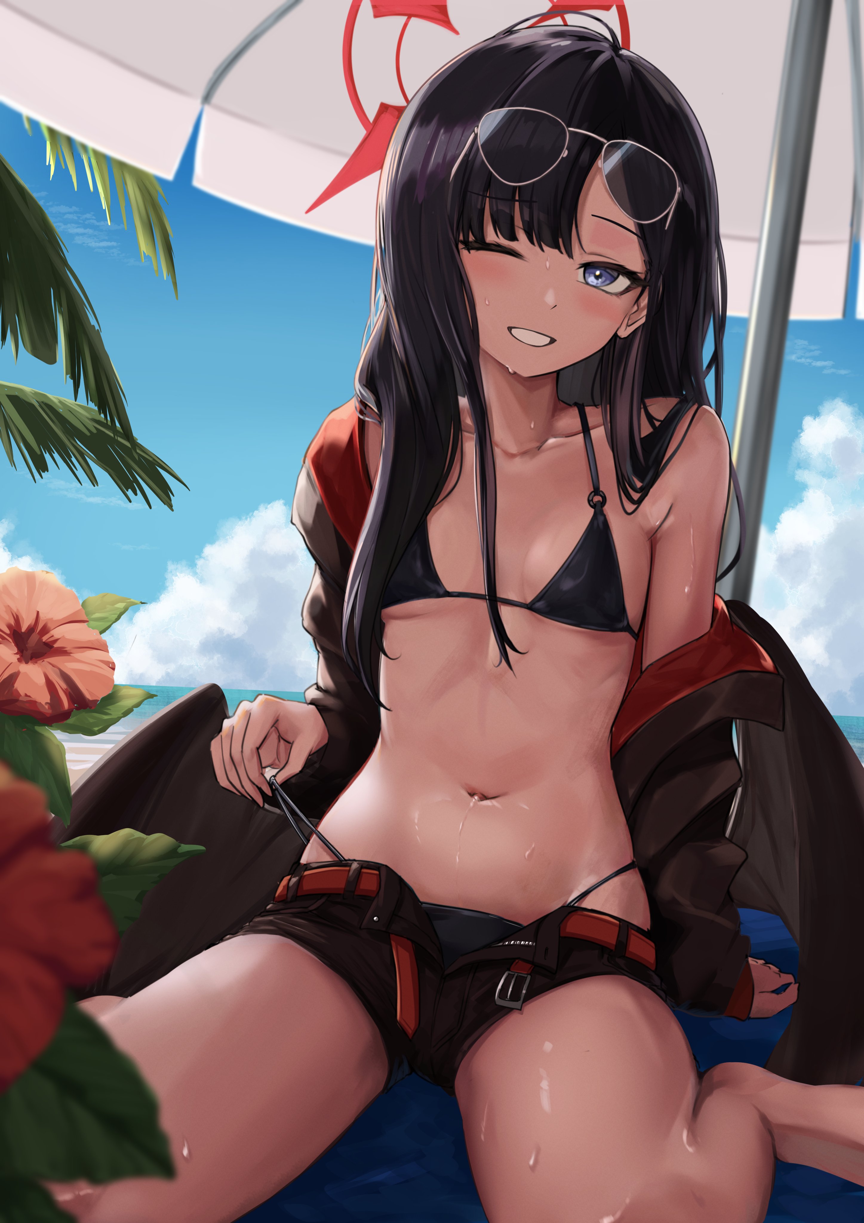 miyama mizuki (hoshihoshi1220), ichika (blue archive), ichika (swimsuit) (blue archive), blue archive, absurdres, highres, 1girl, bare shoulders, bikini, black bikini, black hair, black jacket, black shorts, breasts, grey eyes, halo, jacket, navel, official alternate costume, one eye closed, red halo, short shorts, shorts, sitting, small breasts, smile, solo, swimsuit, thighs, wariza