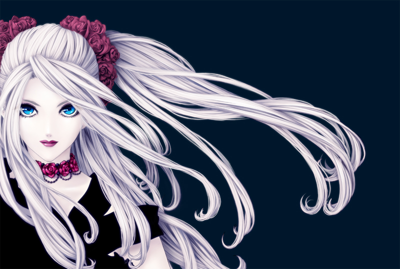 kunishige keiichi, non-web source, 1girl, blue eyes, choker, female focus, flower, goth fashion, lips, lipstick, long hair, makeup, pale skin, rose, solo, twintails, white hair, wind