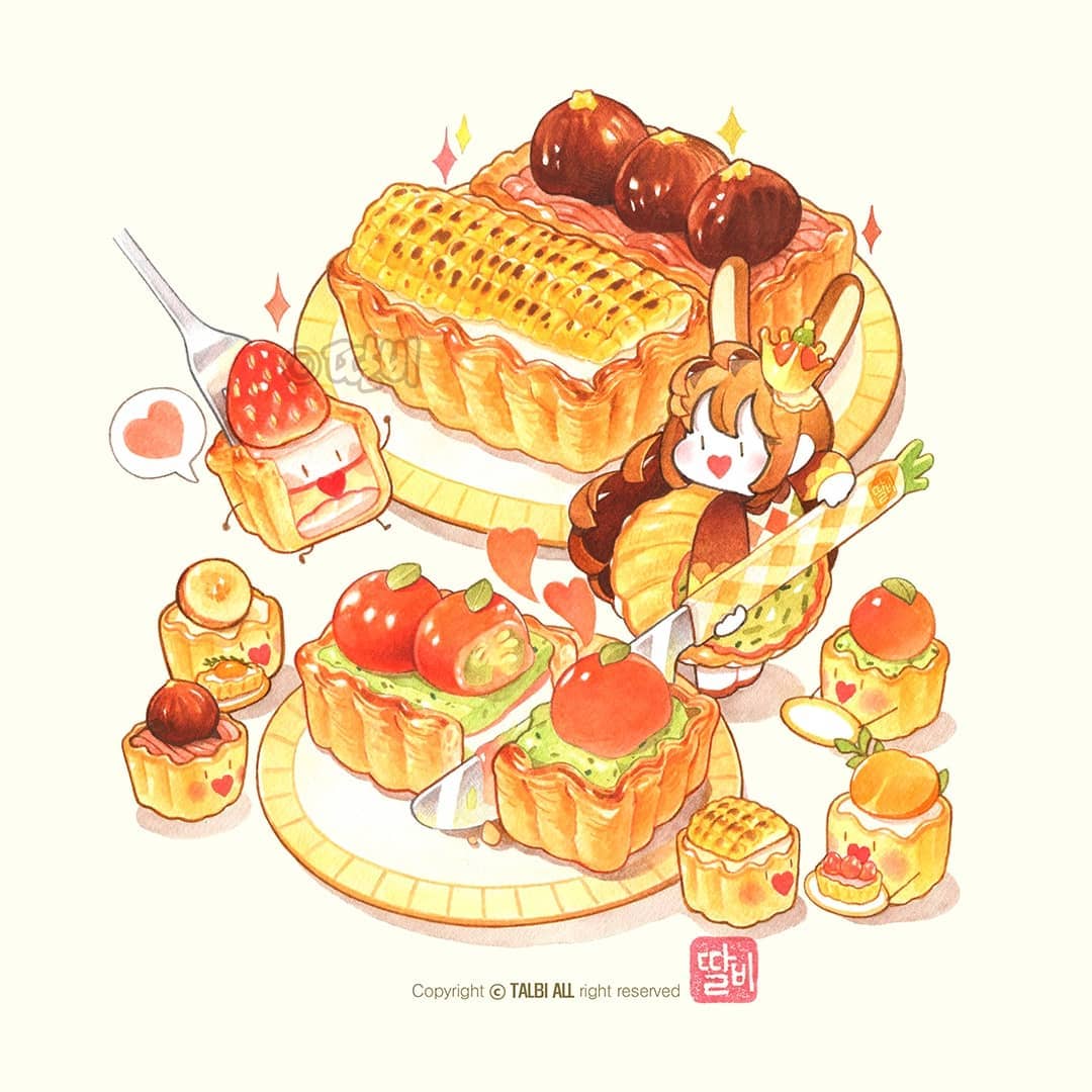 talbi, original, commentary request, korean commentary, 1girl, animal ears, apron, argyle clothes, argyle vest, artist name, blacked (phrase), brown hair, brown shirt, butter knife, cherry tomato, chibi, copyright notice, crown, dress, food, food-themed clothes, food-themed creature, fruit, gold crown, green apron, heart, heart-shaped mouth, holding, holding knife, knife, light blush, long hair, long sleeves, looking at food, mini crown, open mouth, oversized food, oversized object, pinafore dress, plate, puffy long sleeves, puffy sleeves, rabbit ears, rabbit girl, shadow, shirt, sleeveless, sleeveless dress, smile, solid oval eyes, solo, sparkle, speech bubble, spoken heart, strawberry, tomato, turtleneck, turtleneck shirt, very long hair, vest, waist apron, white vest, yellow dress