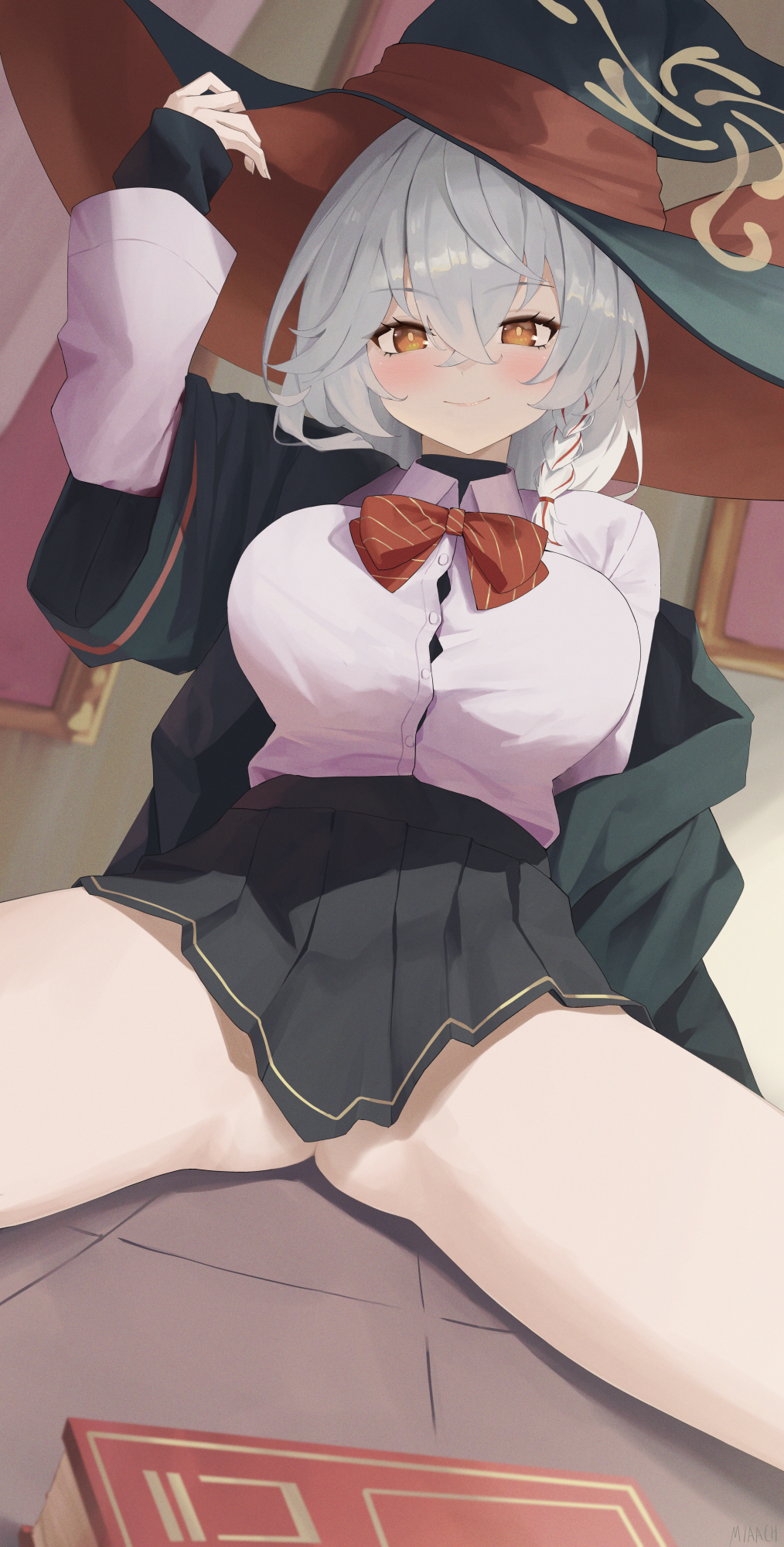 nev (nevblindarts), eri (blue archive), blue archive, highres, 1girl, ass, black hat, black jacket, black skirt, blush, bow, bowtie, braid, breasts, button gap, diagonal-striped bow, diagonal-striped bowtie, diagonal-striped clothes, dress shirt, grey hair, halo, hat, jacket, jacket partially removed, large breasts, miniskirt, multicolored hair, no panties, orange eyes, pleated skirt, red bow, red bowtie, red hair, shirt, single braid, sitting, skirt, smile, solo, spread legs, streaked hair, striped bow, striped bowtie, striped clothes, thighs, two-tone hair, undershirt, white shirt, witch hat