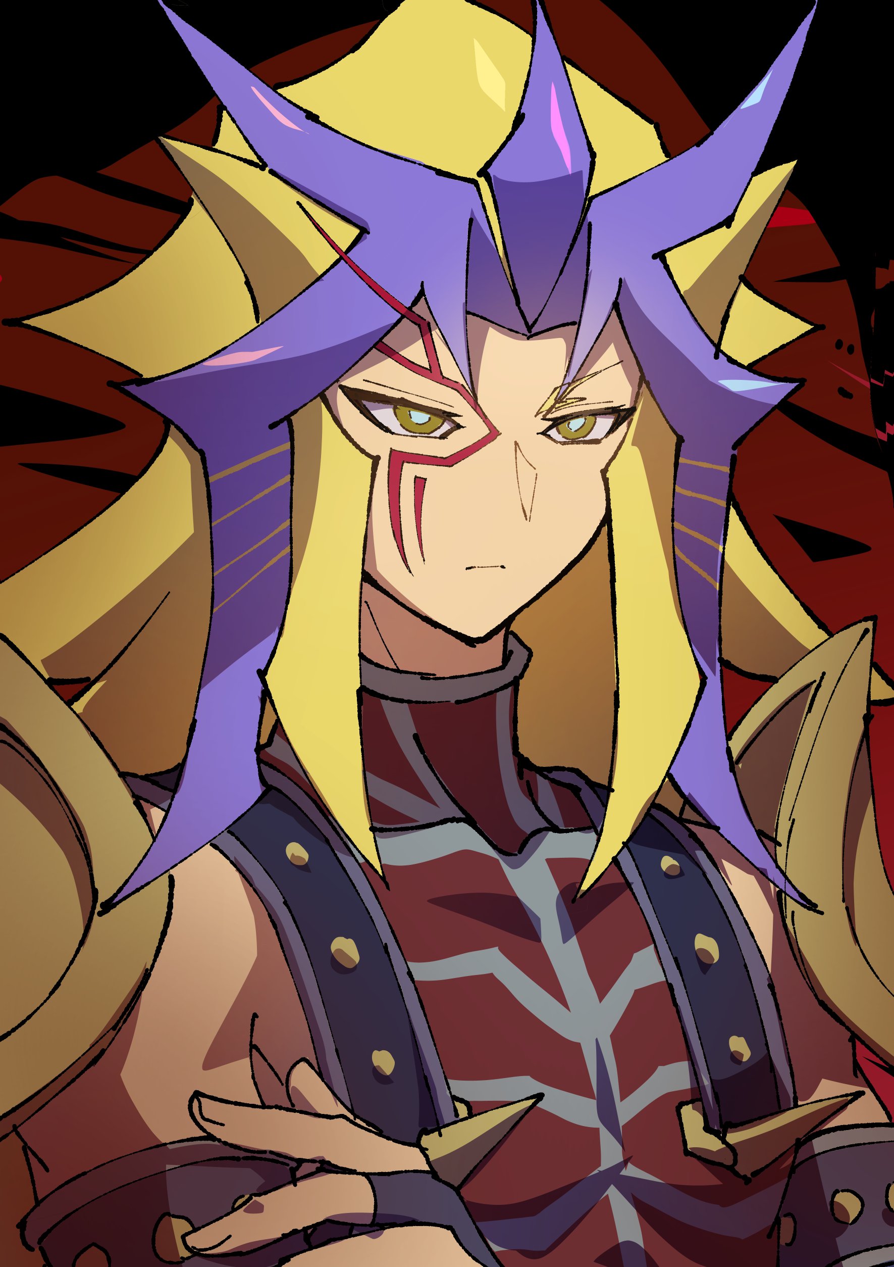 youko-shima, paradox (yu-gi-oh!), yu-gi-oh!, yu-gi-oh! 3d bonds beyond time, yu-gi-oh! 5d's, absurdres, highres, 1boy, black background, blonde hair, facial mark, long hair, male focus, multicolored hair, purple hair, solo, two-tone hair, upper body