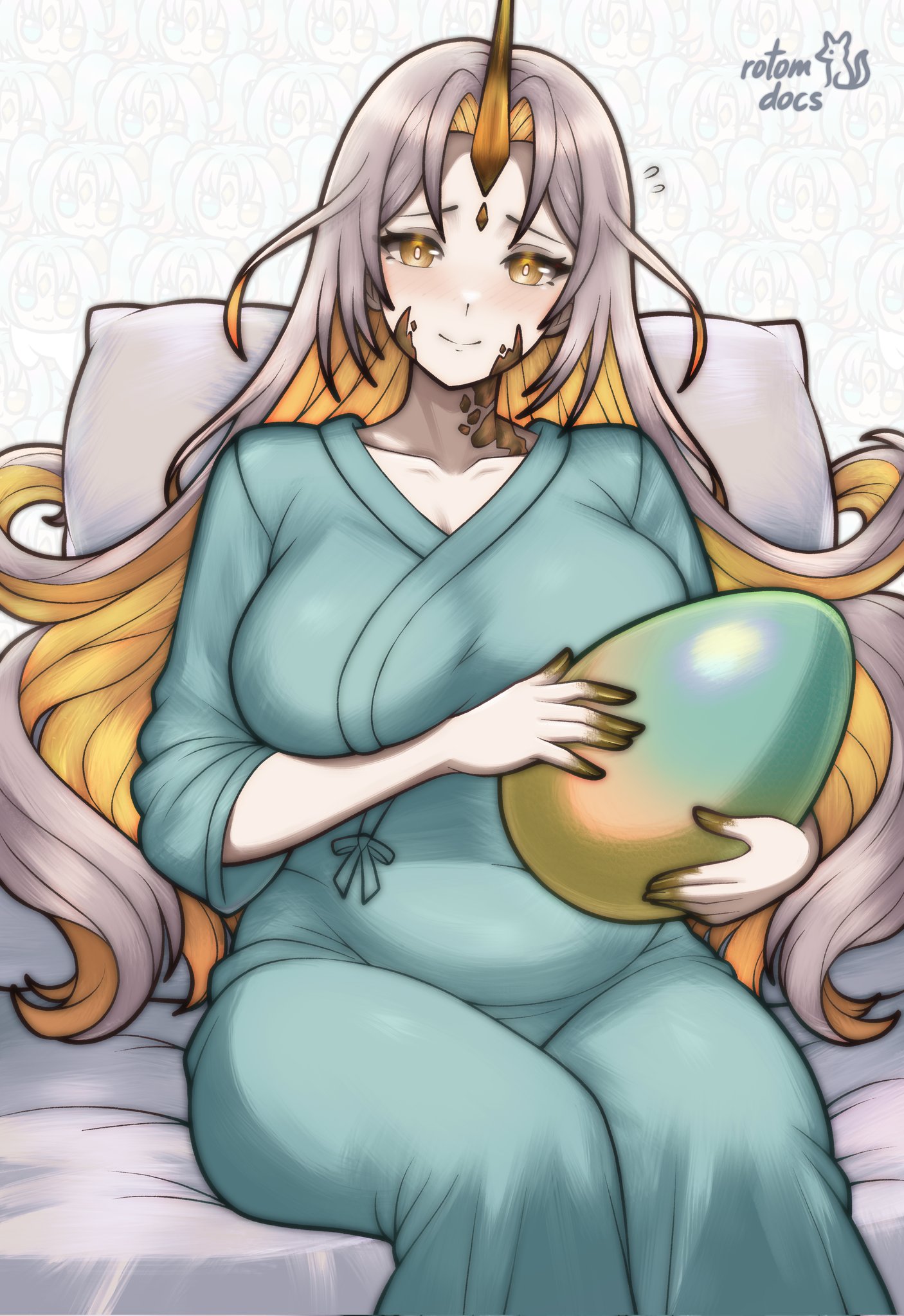 rotomdocs, gullveig (fire emblem), fire emblem, fire emblem heroes, nintendo, highres, 1girl, alternate costume, artist name, bed, blonde hair, breasts, colored inner hair, egg, grey hair, holding, holding egg, horns, large breasts, long hair, looking at viewer, multicolored hair, pillow, single horn, sitting, smile, solo, very long hair, watermark