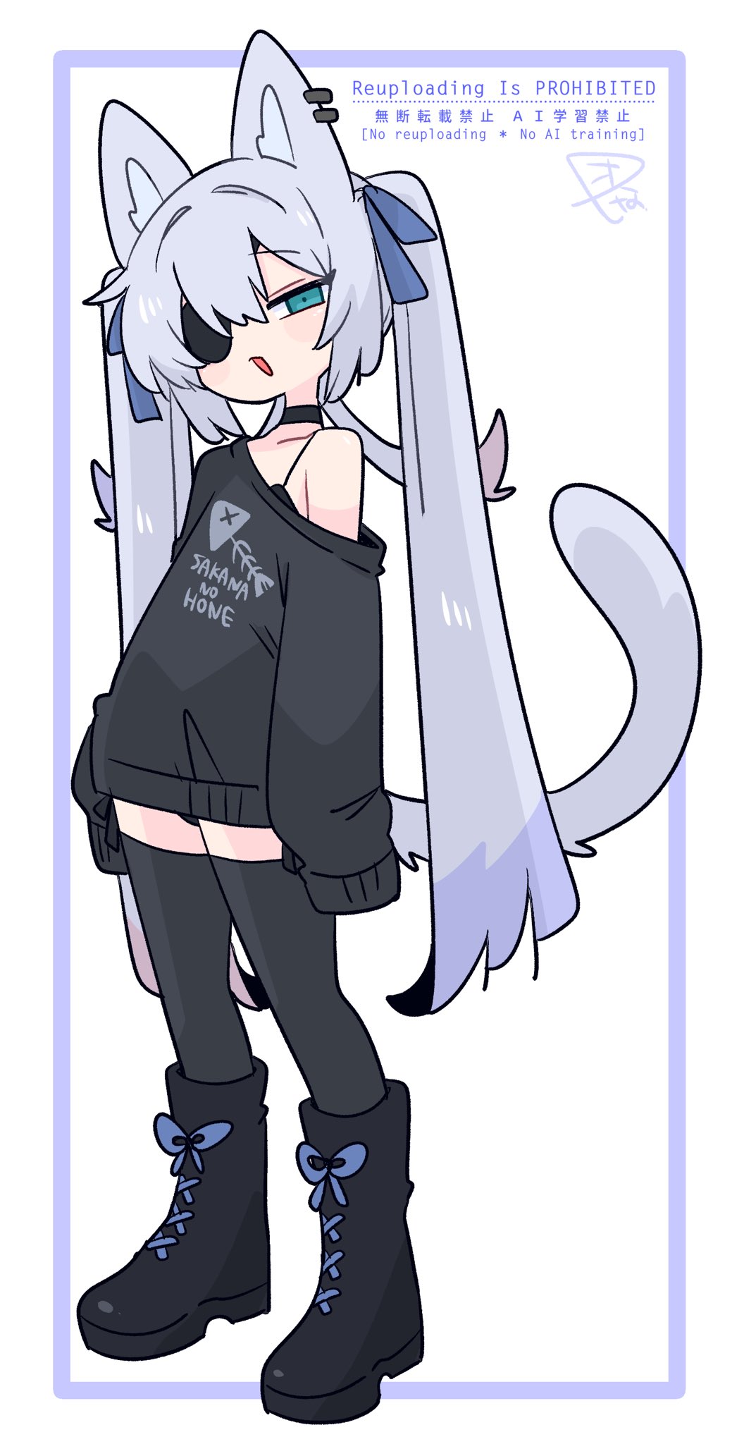 op na yarou, original, commentary, highres, translated, 1boy, animal ear fluff, animal ear piercing, animal ears, ankle boots, arms at sides, black boots, black bra, black choker, black sweater, black thighhighs, blue bow, blue eyes, boots, bow, bra, cat boy, cat ears, cat tail, choker, collarbone, crossdressing, crossdressing (mtf), fish skeleton, fish skeleton print, full body, hair between eyes, hair bow, hair intakes, head tilt, light blush, long hair, long sleeves, looking at viewer, male focus, narrowed eyes, no nose, open mouth, oversized clothes, print sweater, raised eyebrows, rigel (op na yarou), sidelocks, simple background, single bare shoulder, single off shoulder, sleeves past fingers, sleeves past wrists, solo, standing, straight hair, sweater, tail, thighhighs, trap, twintails, underwear, very long hair, watermark, white background, white hair, zettai ryouiki