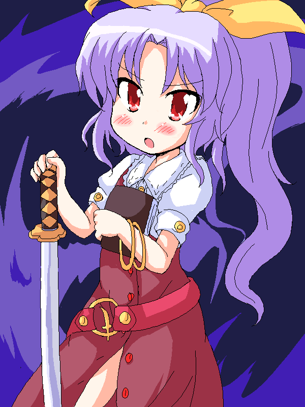 geetsu, watatsuki no yorihime, silent sinner in blue, touhou, touhou bougetsushou, 1girl, belt, bow, bracelet, female focus, hair bow, high ponytail, jewelry, katana, long hair, oekaki, ponytail, solo, sword, weapon
