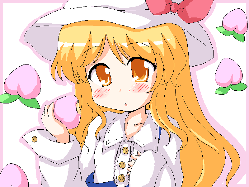 geetsu, watatsuki no toyohime, silent sinner in blue, touhou, touhou bougetsushou, 1girl, blonde hair, eating, female focus, food, fruit, holding, holding food, holding fruit, oekaki, orange eyes, peach, solo, yellow eyes
