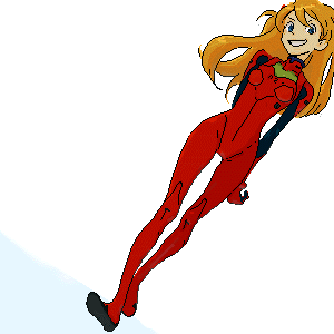 gen (susono01), souryuu asuka langley, neon genesis evangelion, lowres, 1girl, arms behind back, blue eyes, bodysuit, dutch angle, female focus, full body, grin, long hair, mecha pilot suit, oekaki, orange hair, plugsuit (evangelion), red bodysuit, simple background, smile, solo, wide hips
