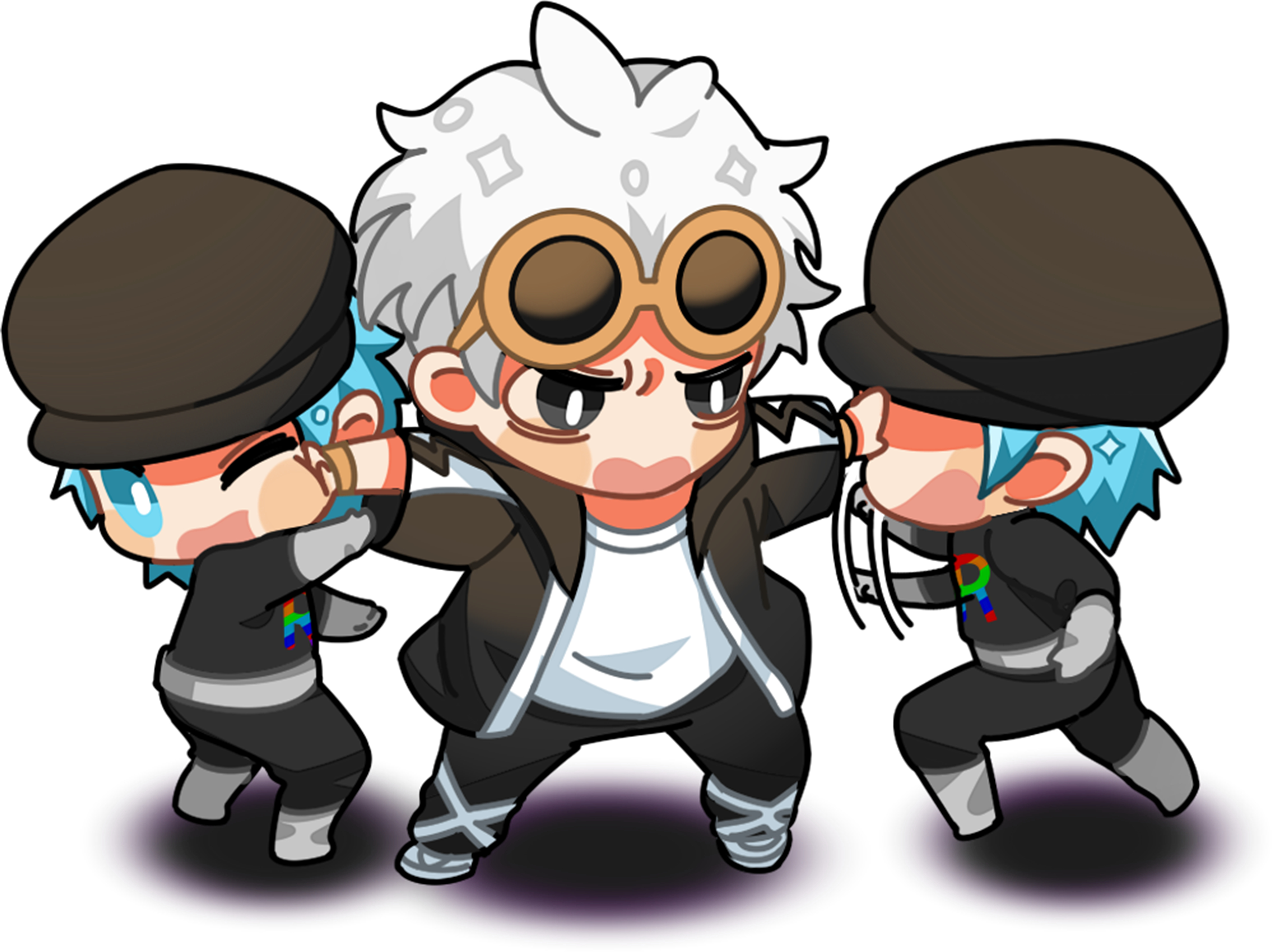 zhen xionggui, guzma (pokemon), team rainbow rocket grunt, nintendo, pokemon, pokemon usum, absurdres, commentary request, highres, 3boys, afterimage, aqua eyes, belt, black hat, black jacket, black pants, black shirt, blush, blush stickers, boots, bright pupils, chibi, eyewear on head, gloves, grey belt, grey boots, grey gloves, hand on another's face, hat, indoors, jacket, logo, motion blur, multiple boys, one eye closed, open clothes, open jacket, open mouth, outstretched arms, pants, shirt, shoes, short hair, shorts, simple background, spread arms, standing, sunglasses, swiping, team rainbow rocket, team rainbow rocket uniform, white background, white hair, white pupils, white shirt, yellow-framed eyewear