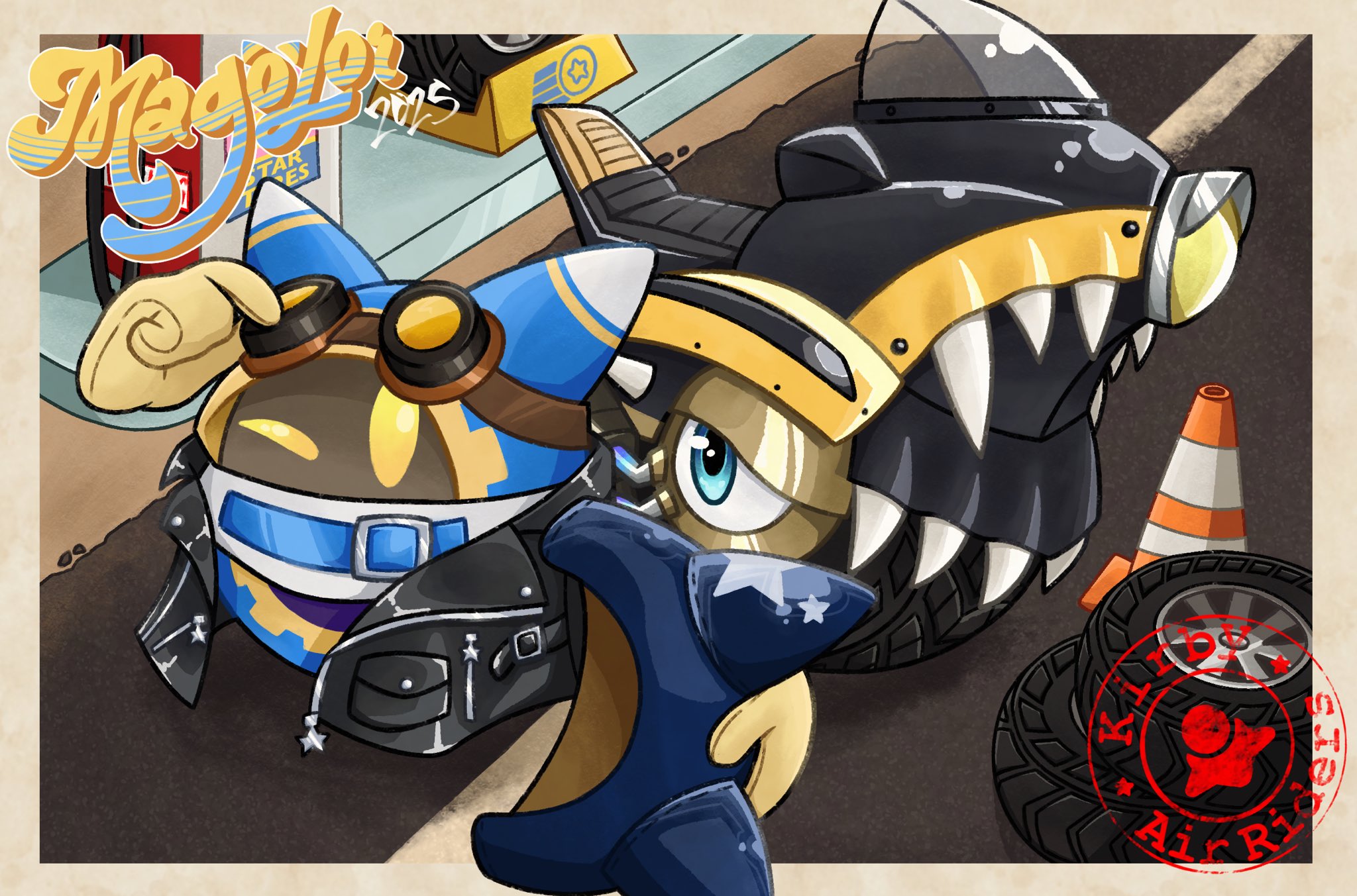 panflakez, magolor, wheelie (kirby), kirby (series), kirby air ride, kirby air riders, nintendo, highres, 2025, alternate costume, blue eyes, character name, goggles, goggles on head, helmet, holding, holding unworn helmet, jacket, leather, leather jacket, looking at viewer, no humans, one eye closed, open clothes, open jacket, rayman limbs, rex wheelie, star (symbol), traffic cone, unworn headwear, unworn helmet, watermark