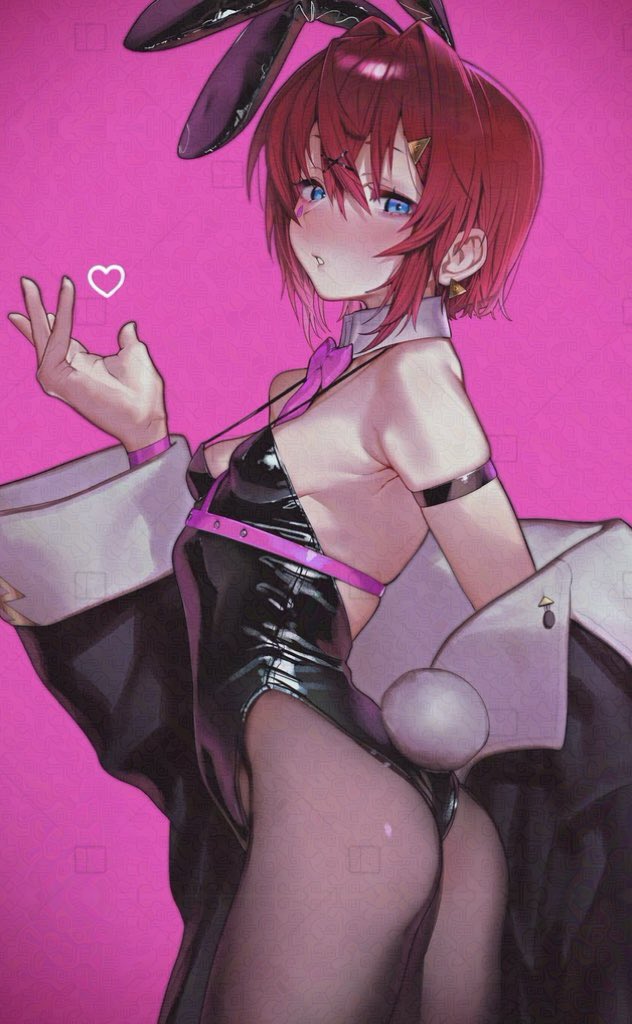 nanja, ange katrina, nijisanji, 1girl, animal ear hairband, animal ears, armpit crease, ass, black leotard, blue eyes, blush, bow, bowtie, breasts, detached collar, fake animal ears, fake tail, from side, hair between eyes, hairband, highleg, highleg leotard, jacket, leotard, looking at viewer, off shoulder, open clothes, open jacket, pantyhose, playboy bunny, rabbit ears, rabbit tail, red hair, short hair, small breasts, tail, virtual youtuber