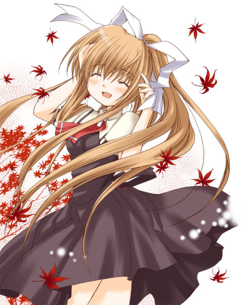 patoto, kamio misuzu, air (visual novel), key (company), archived source, commentary request, 1girl, 2000s (style), ascot, autumn leaves, black dress, blonde hair, blush, breasts, closed eyes, collared dress, cowboy shot, cross brooch, crosshatching, dot nose, dress, floating clothes, floating hair, hair ribbon, hatching (texture), impasto, leaf, light particles, long hair, medium breasts, medium dress, open mouth, pinafore dress, ponytail, puffy short sleeves, puffy sleeves, red ascot, red leaf, retro artstyle, ribbon, shirt, short sleeves, sidelocks, simple background, sleeveless, sleeveless dress, solo, tongue, very long hair, white ribbon, wing collar, yellow shirt