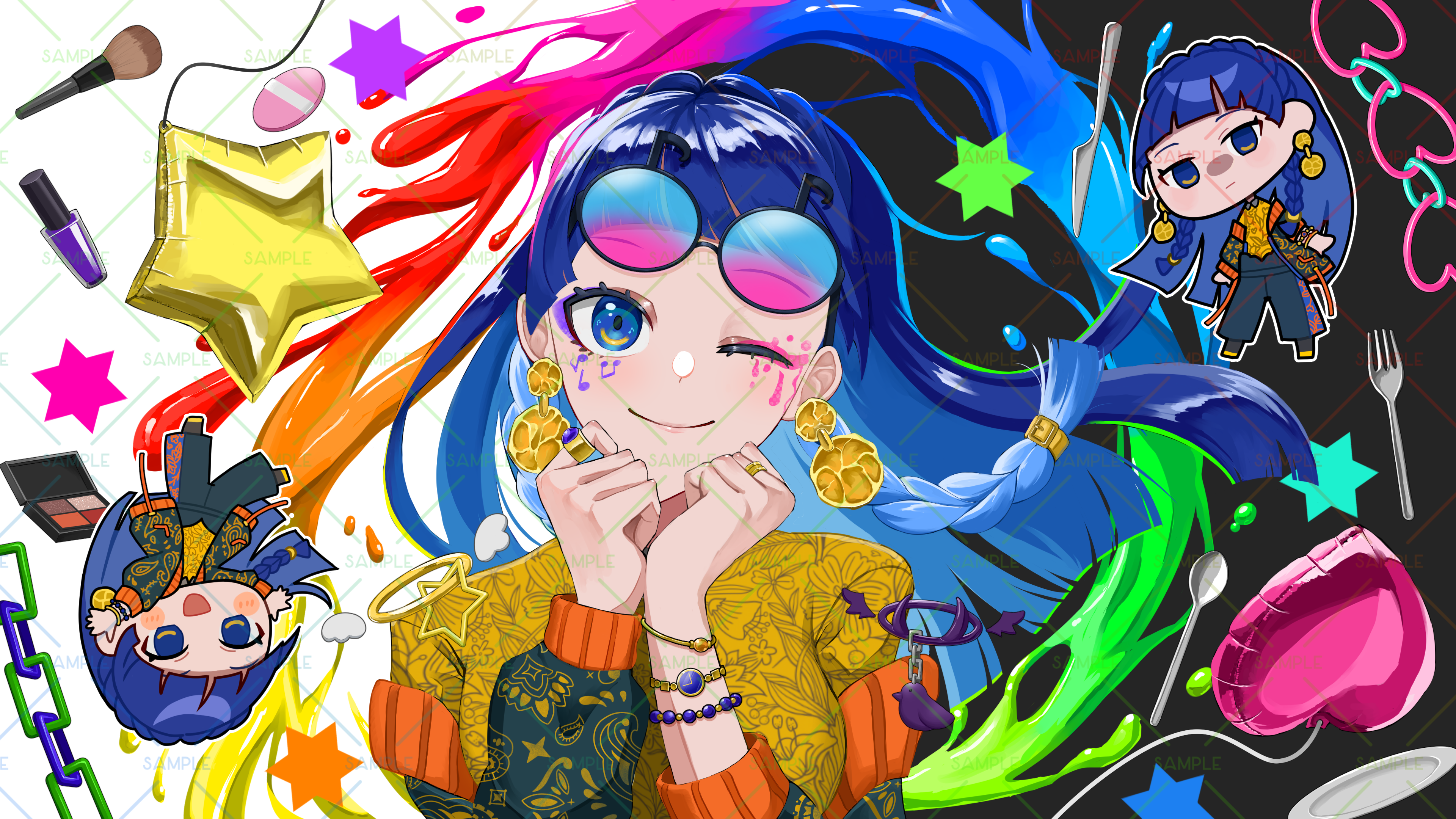 zingukami, original, absurdres, commission, highres, 1girl, arms up, balloon, blue hair, bracelet, braid, chibi, compact (cosmetics), cosmetics, earrings, facepaint, fork, heart balloon, jewelry, long hair, long sleeves, makeup brush, nail polish bottle, necklace, one eye closed, paint, plate, ring, sample watermark, spoon, star balloon, sunglasses, upper body, watermark