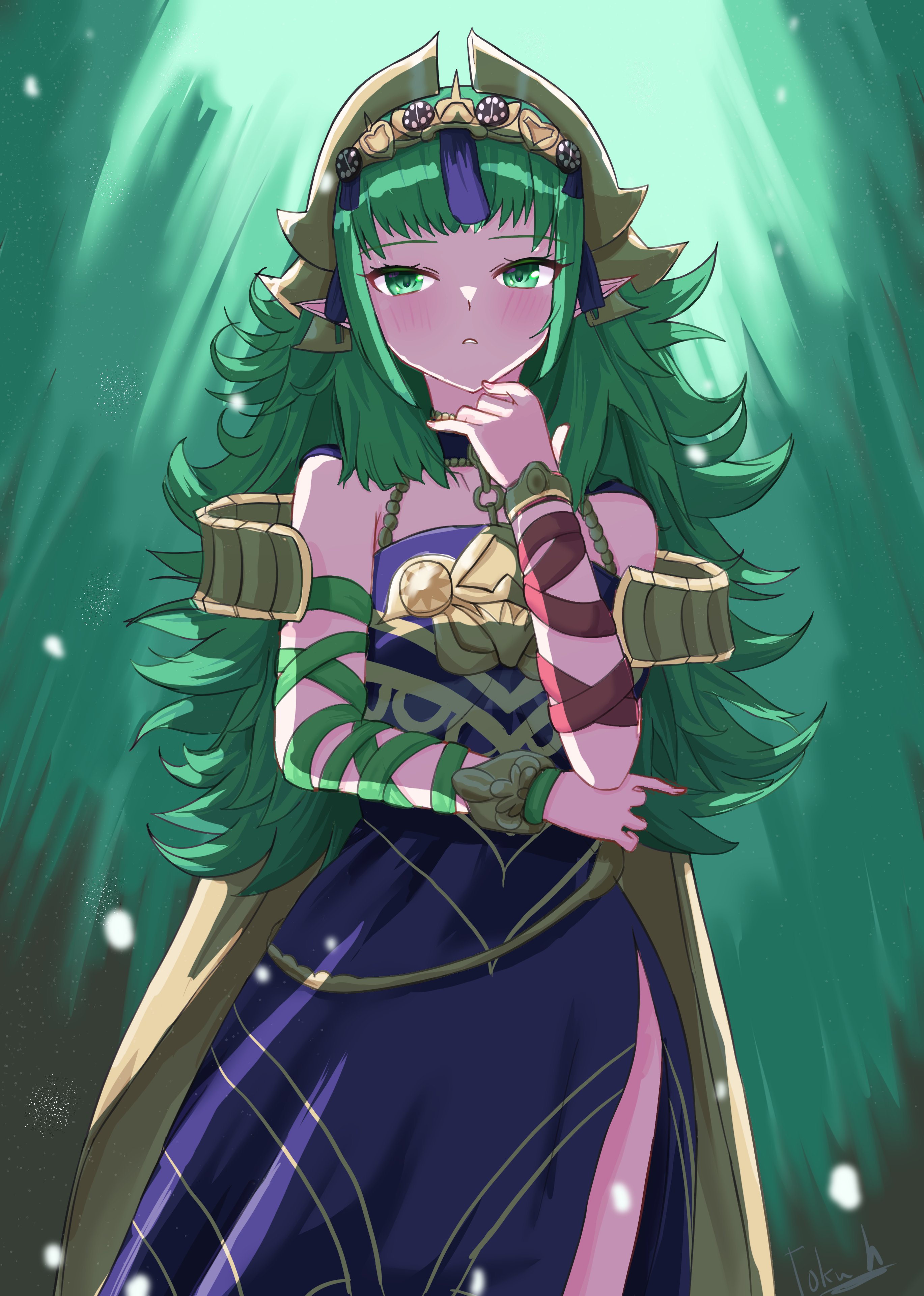 tokuh (toku h ), sothis (adult) (fire emblem), sothis (fire emblem), fire emblem, fire emblem: fortune's weave, fire emblem: three houses, nintendo, absurdres, highres, 1girl, arm wrap, blush, breasts, dress, green eyes, green hair, hair ornament, headpiece, long hair, looking at viewer, parted lips, pointy ears, purple dress, ribbon, side slit, solo, tassel, tassel hair ornament, tiara