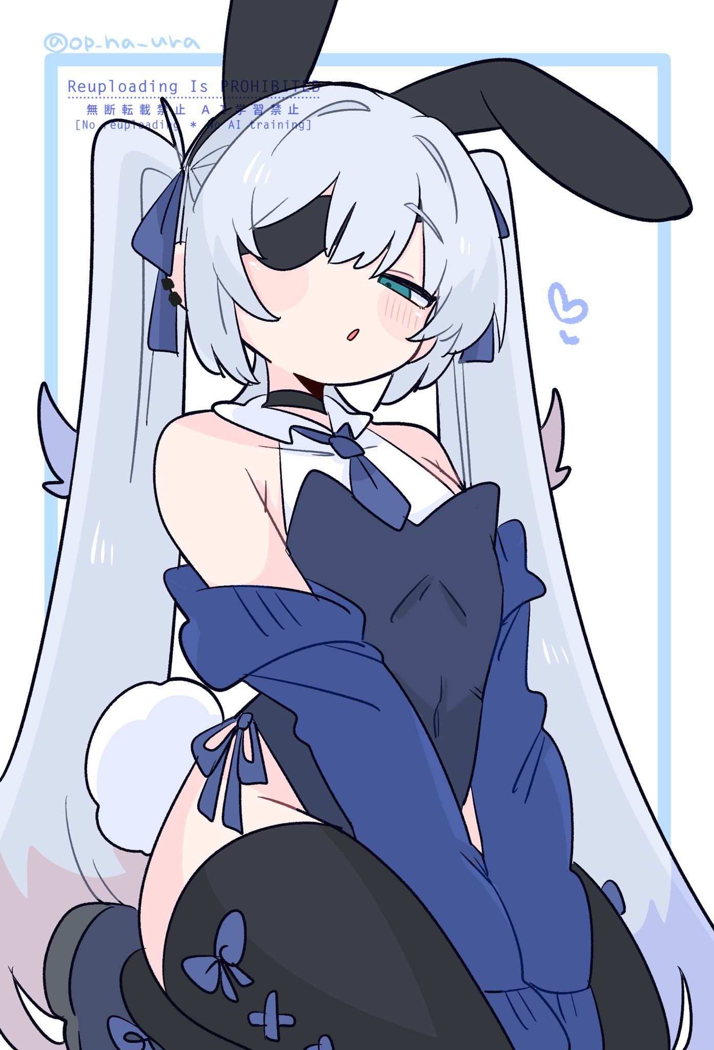 op na yarou, original, commentary, highres, 1boy, :o, animal ear hairband, animal ears, arms between legs, bare shoulders, black choker, black hairband, black thighhighs, blue bow, blue eyes, blue leotard, blue necktie, blue shoes, blue sleeves, blush, bow, bow legwear, choker, collarbone, crossdressing, crossdressing (mtf), detached sleeves, eyepatch, fake animal ears, fake tail, flipped hair, from below, full body, hair between eyes, hair bow, hair intakes, hairband, highleg, highleg leotard, kneeling, knees out of frame, leotard, long hair, long sleeves, looking at viewer, male focus, male playboy bunny, narrowed eyes, necktie, no nose, parted lips, playboy bunny, rabbit ear hairband, rabbit ears, rabbit tail, raised inner eyebrows, rigel (op na yarou), shoes, short necktie, side-tie leotard, sidelocks, simple background, sleeves past fingers, sleeves past wrists, solo, straight hair, tail, thighhighs, trap, twintails, v arms, very long hair, watermark, white background, white hair
