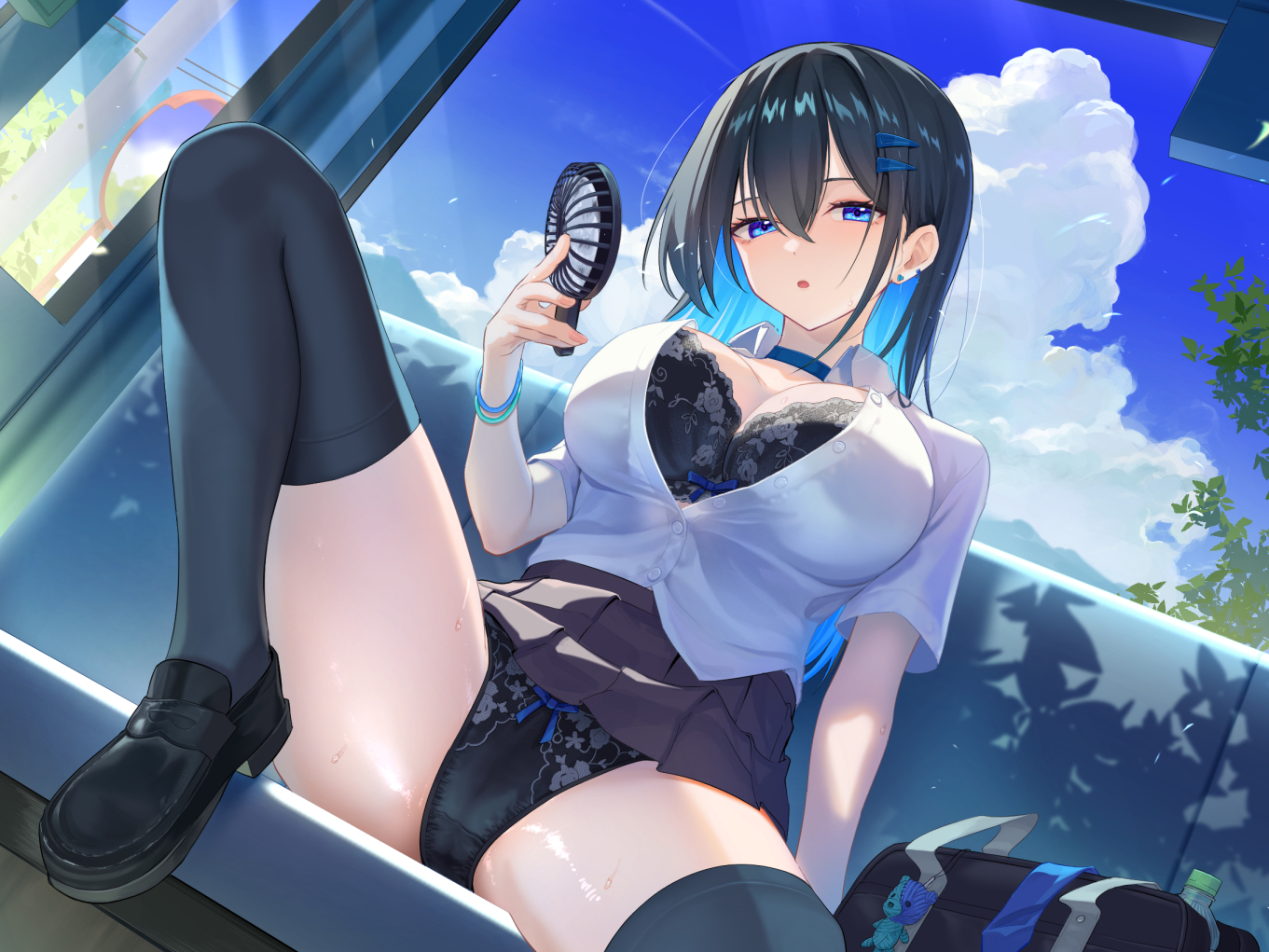maeshimashi, original, commentary request, 1girl, :o, arm support, bag, bag charm, black bra, black hair, black panties, black shoes, black skirt, black thighhighs, blue choker, blue eyes, blue hair, blue sky, bow, bow bra, bow panties, bra, breasts, charm (object), choker, cloud, collared shirt, colored inner hair, crotch seam, day, double-parted bangs, dutch angle, earrings, floral print, floral print bra, floral print panties, foot out of frame, hair between eyes, hair ornament, hairclip, hand fan, hand up, handheld electric fan, holding, holding fan, hot, indoors, jewelry, large breasts, leg up, loafers, long bangs, long hair, looking at viewer, miniskirt, multicolored hair, panties, parted lips, partially unbuttoned, pleated skirt, print panties, school bag, school uniform, shiny skin, shirt, shoes, short sleeves, sitting, skirt, sky, solo, spread legs, straight hair, stud earrings, sweat, thighhighs, underwear, white shirt, window, wing collar, wristband