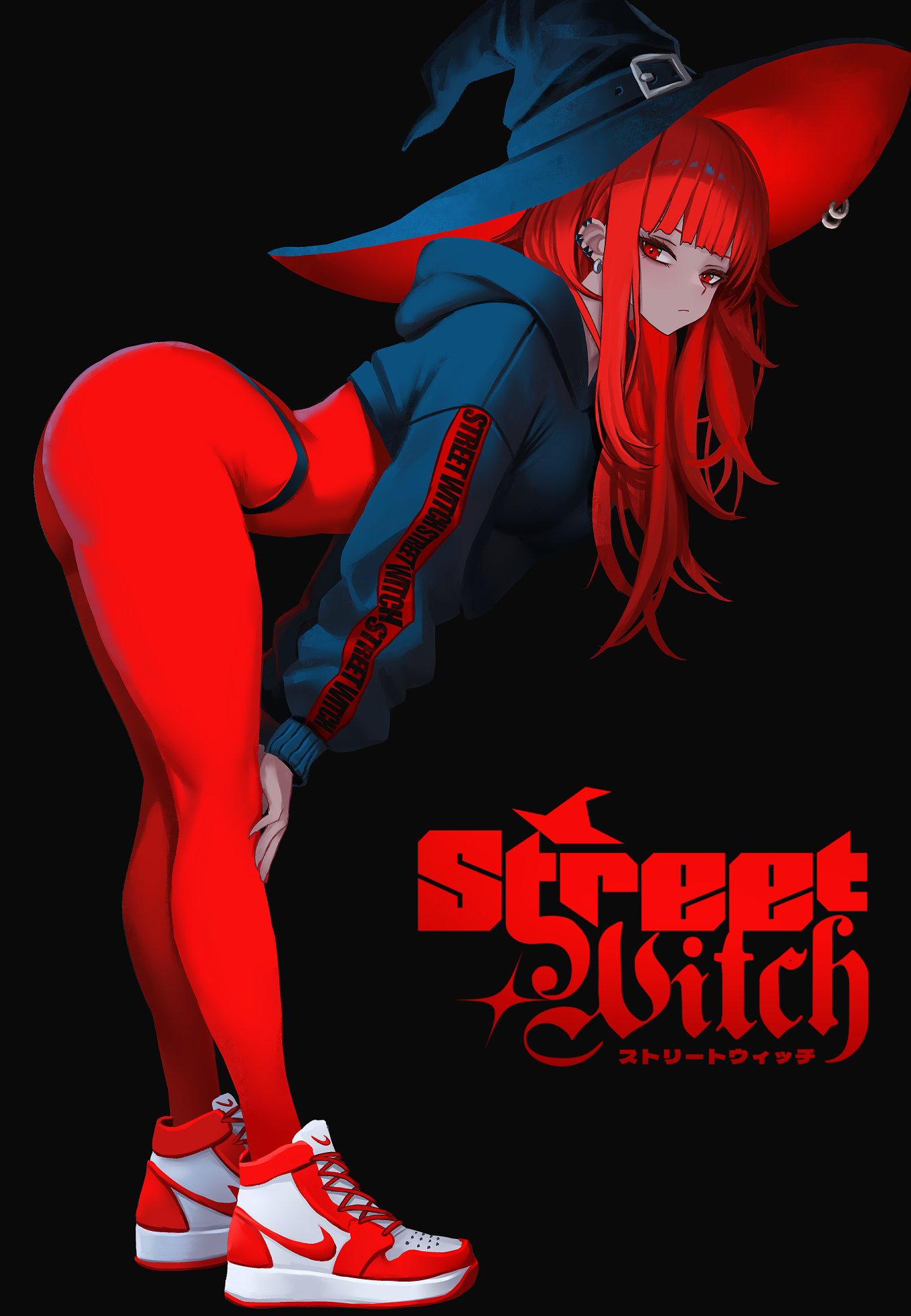 yan kodiac, val (yan kodiac), original, commentary, highres, 1girl, ass, bent over, black background, black hoodie, bodysuit, closed mouth, cropped hoodie, ear piercing, earrings, english text, from side, full body, hands on own knees, hat, hood, hoodie, jewelry, long hair, long sleeves, looking at viewer, pantyhose, piercing, red bodysuit, red eyes, red hair, shoes, sneakers, solo, two-sided fabric, two-sided headwear, witch hat