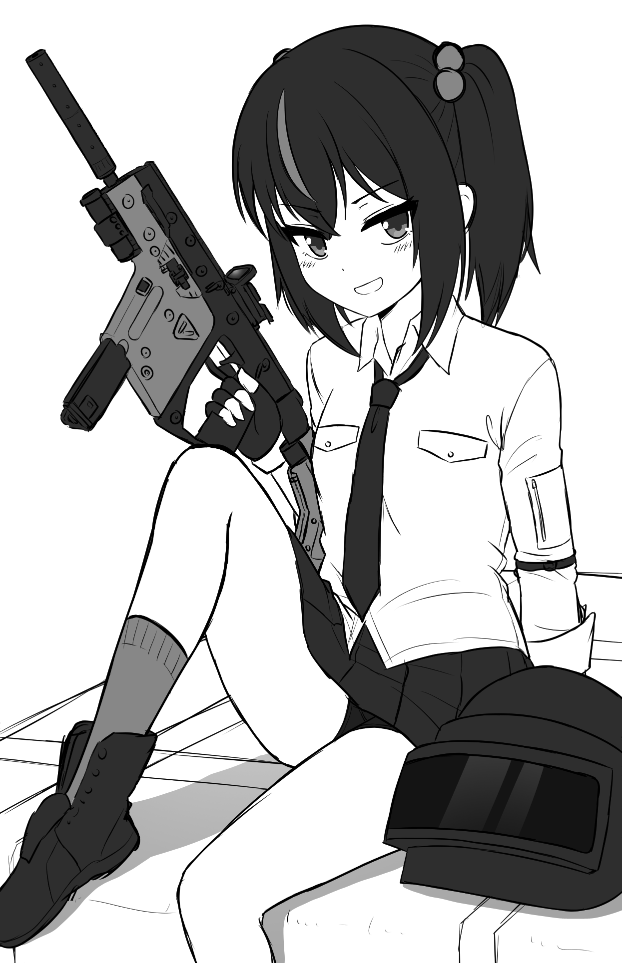 nanju bami, original, playerunknown's battlegrounds, highres, 1girl, bamiko (nanju bami), boots, breasts, greyscale, gun, helmet, kriss vector, looking at viewer, medium hair, monochrome, multicolored hair, necktie, shirt, side ponytail, simple background, skirt, small breasts, socks, solo, submachine gun, thighs, two-tone hair, weapon, white background, white shirt