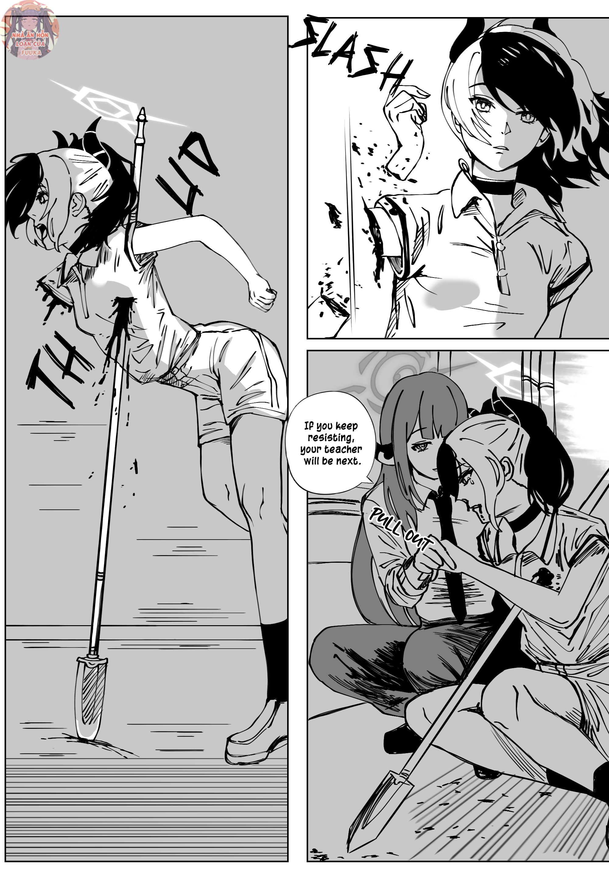 thanh thanh, aru (blue archive), kayoko (blue archive), makima (chainsaw man), reze (chainsaw man), blue archive, chainsaw man, absurdres, commentary, english commentary, highres, 2girls, blood, breasts, choker, cosplay, english text, formal clothes, grenade pin, greyscale, halo, horns, impaled, makima (chainsaw man) (cosplay), monochrome, multiple girls, necktie, pant suit, pants, polearm, polo shirt, reze (chainsaw man) (cosplay), scene reference, severed arm, severed limb, small breasts, spear, speech bubble, suit, weapon