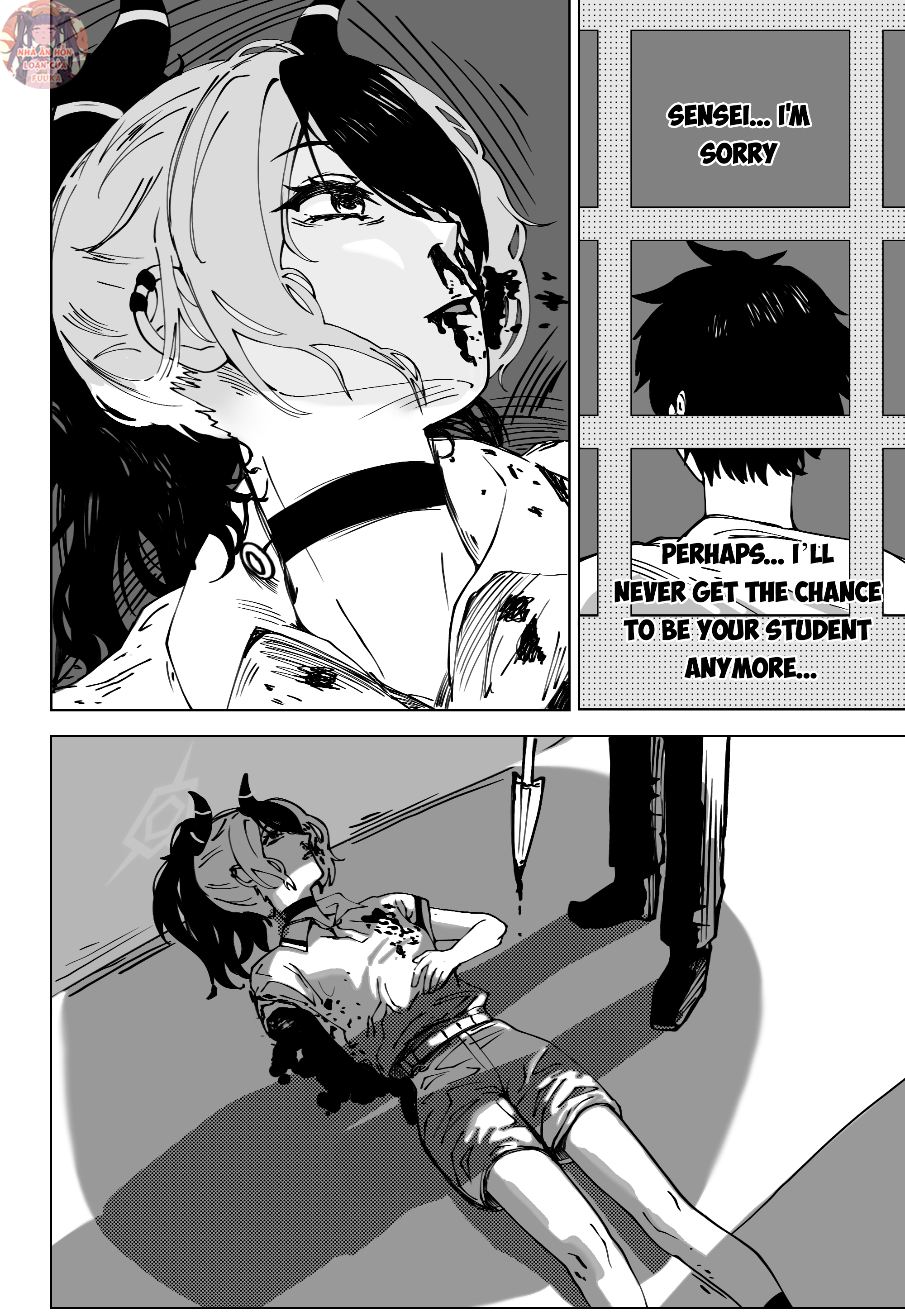 thanh thanh, aru (blue archive), kayoko (blue archive), reze (chainsaw man), sensei (blue archive), blue archive, chainsaw man, absurdres, commentary, english commentary, highres, 1boy, 2girls, amputee, blood, blood from mouth, blood on face, choker, cosplay, death, english text, grenade pin, greyscale, halo, horns, monochrome, multiple girls, nosebleed, polearm, polo shirt, reze (chainsaw man) (cosplay), scene reference, shadow, short hair, shorts, spear, weapon, window