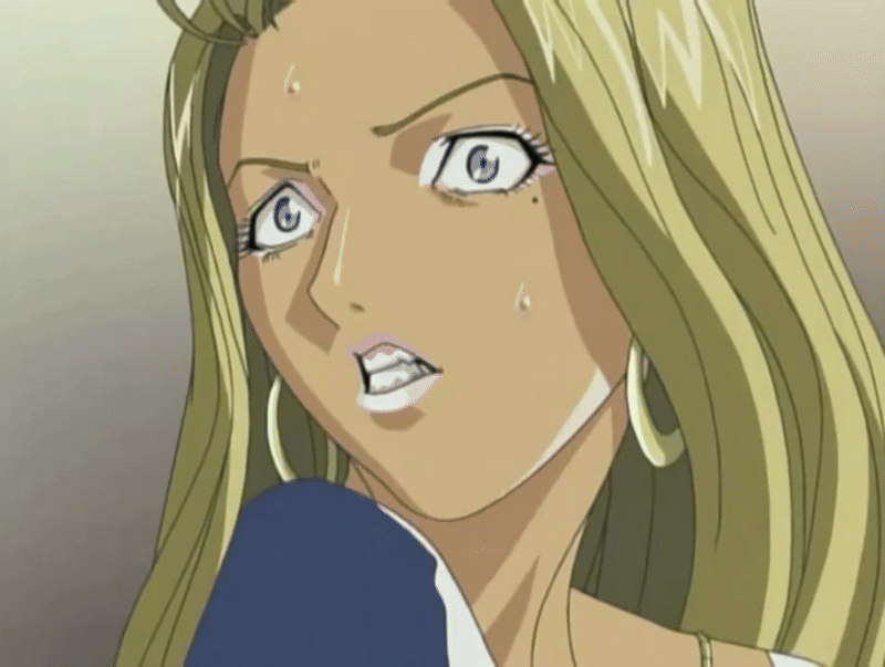 wakabayashi mayumi, hana no joshi ana: newscaster etsuko, animated, animated gif, tagme, 00s, 2004, animal print, blonde hair, cow print, cow print dress, dark, dark-skinned female, dark skin, earrings, eyelashes, eyeshadow, ganguro, gyaru, hoop earrings, jewelry, lipstick, long hair, makeup, mole, mole under eye, necklace, purple eyes, scared, surprised, sweat, tan, tanned body, teeth