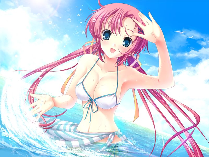 yaegashi nan, shirakawa nanaka, da capo, da capo ii, jpeg artifacts, non-web source, 00s, 1girl, bikini, blue eyes, breasts, cleavage, day, dutch angle, female focus, large breasts, long hair, pink hair, sarong, side-tie bikini bottom, solo, splashing, striped clothes, striped sarong, swimsuit, twintails, water, white bikini