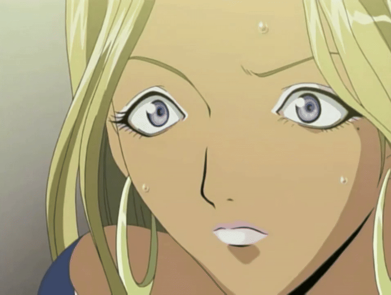 wakabayashi mayumi, hana no joshi ana: newscaster etsuko, animated, animated gif, tagme, 00s, 2004, belt, blonde hair, dark, dark-skinned female, dark skin, earrings, eyelashes, eyeshadow, ganguro, gyaru, hoop earrings, jewelry, lipstick, long hair, makeup, mole, mole under eye, purple eyes, sweat, tan, tanned body