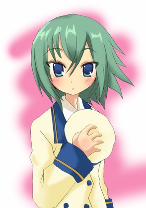 iwasaki minami, lucky star, lowres, non-web source, 00s, beret, blue eyes, green hair, hat, short hair, solo