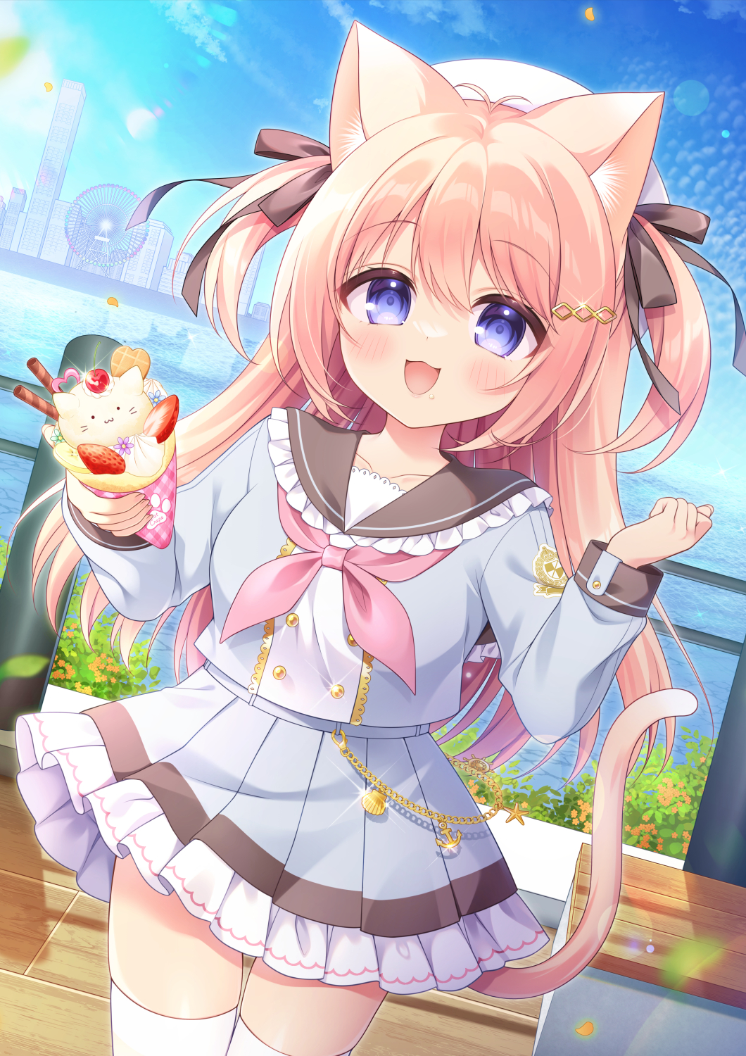 ryuuka sane, original, commentary request, highres, :d, animal ear fluff, animal ears, antenna hair, beret, black bow, black sailor collar, blue sky, blush, bow, breasts, brown hair, building, cat ears, cat girl, cat tail, cloud, collarbone, crepe, day, ferris wheel, food, frilled sailor collar, frilled skirt, frills, glint, grey serafuku, grey shirt, grey skirt, hair bow, hair ornament, hat, holding, holding food, long hair, long sleeves, looking at viewer, neckerchief, open mouth, outdoors, pink neckerchief, pleated skirt, puffy long sleeves, puffy sleeves, purple eyes, railing, sailor collar, school uniform, serafuku, shirt, skirt, sky, skyline, skyscraper, small breasts, smile, solo, tail, thighhighs, two side up, very long hair, water, white hat, white thighhighs