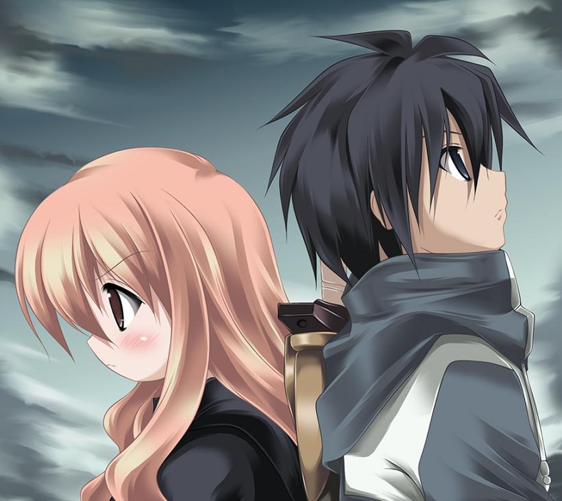 hiraga saito, louise francoise le blanc de la valliere, zero no tsukaima, artist request, non-web source, 00s, 1boy, 1girl, back-to-back, black hair, blue background, blue eyes, blush, brown eyes, frown, jacket, long hair, pink eyes, pink hair