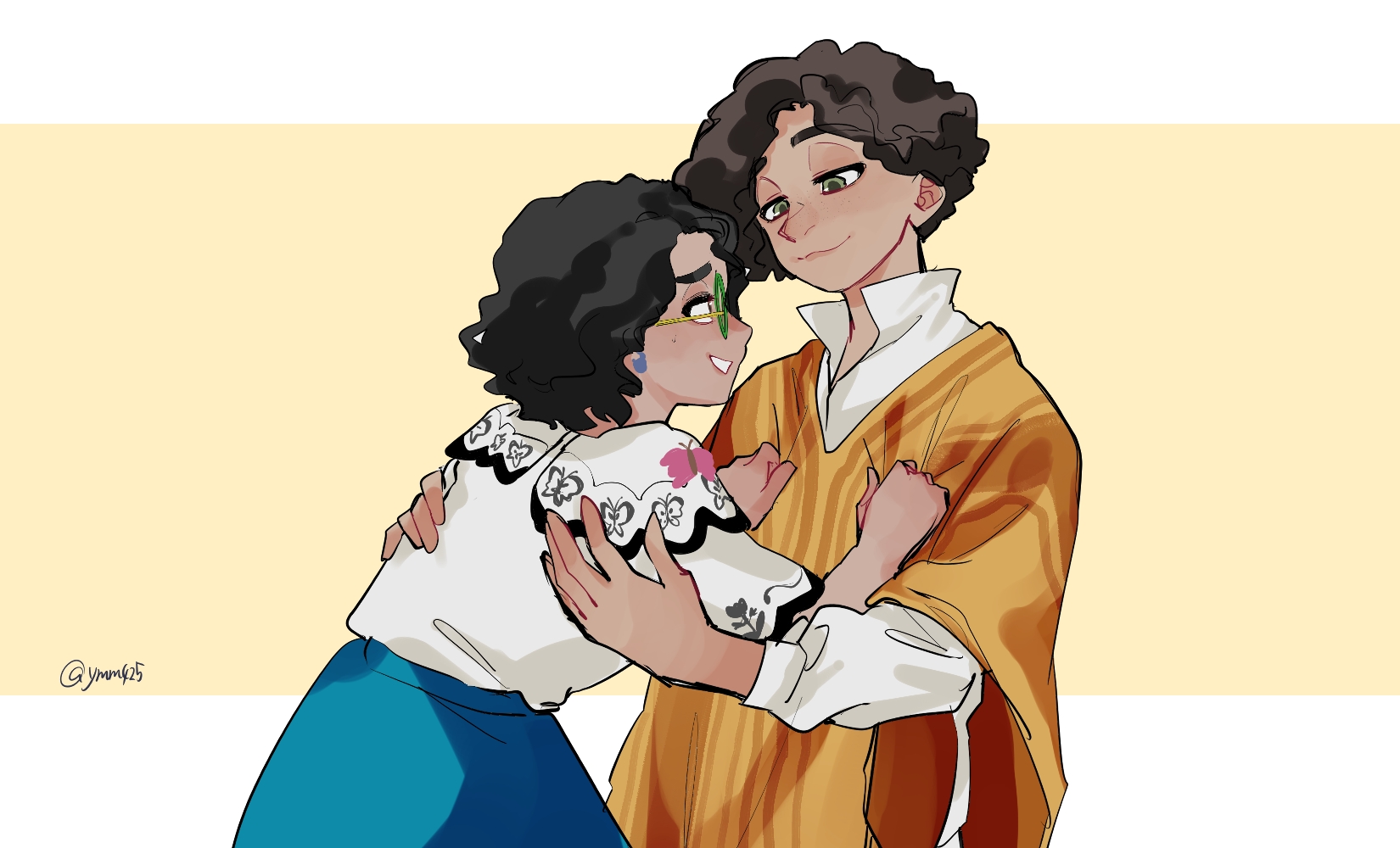 camilo madrigal, mirabel madrigal, encanto, highres, 1boy, 1girl, afro, brown eyes, brown hair, colombian clothes, curly hair, dark-skinned female, dark-skinned male, dark skin, earrings, glasses, green-framed eyewear, hourglass print, jewelry, poncho, shirt, short hair, simple background, white shirt, yellow poncho, yumemaru