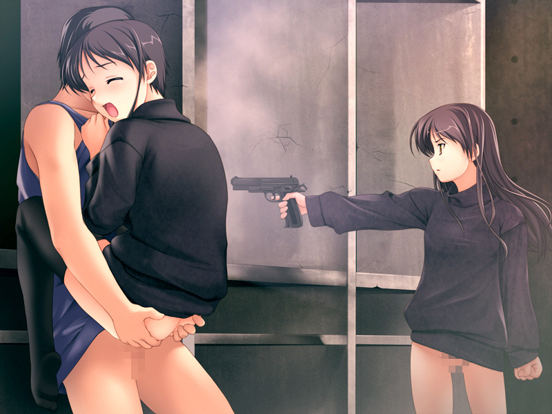 sasaki tamaru, dancing crazies, 1boy, 2girls, bottomless, brown hair, casual, censored, cocked hammer, cz 75, forced, gun, handgun, held up, holding, multiple girls, no panties, pistol, semi-automatic pistol, sex, thighhighs, vaginal, weapon