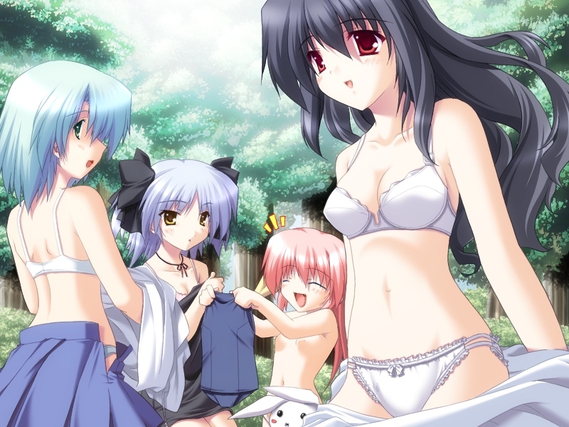 kuzunoha kyouji (sunny side street), irie matsuri, kurashige maika, murohoshi akane, sakuraba sumomo, natsuiro ~hoshifuru kohan no natsuyasumi~, game cg, non-web source, 4girls, black hair, blue hair, bra, green eyes, lingerie, loli, long hair, multiple girls, nature, no shirt, one-piece swimsuit, panties, pink hair, rabbit, red eyes, school swimsuit, school uniform, short hair, stuffed animal, stuffed toy, swimsuit, topless female, underwear, underwear only, undressing, white panties, yellow eyes
